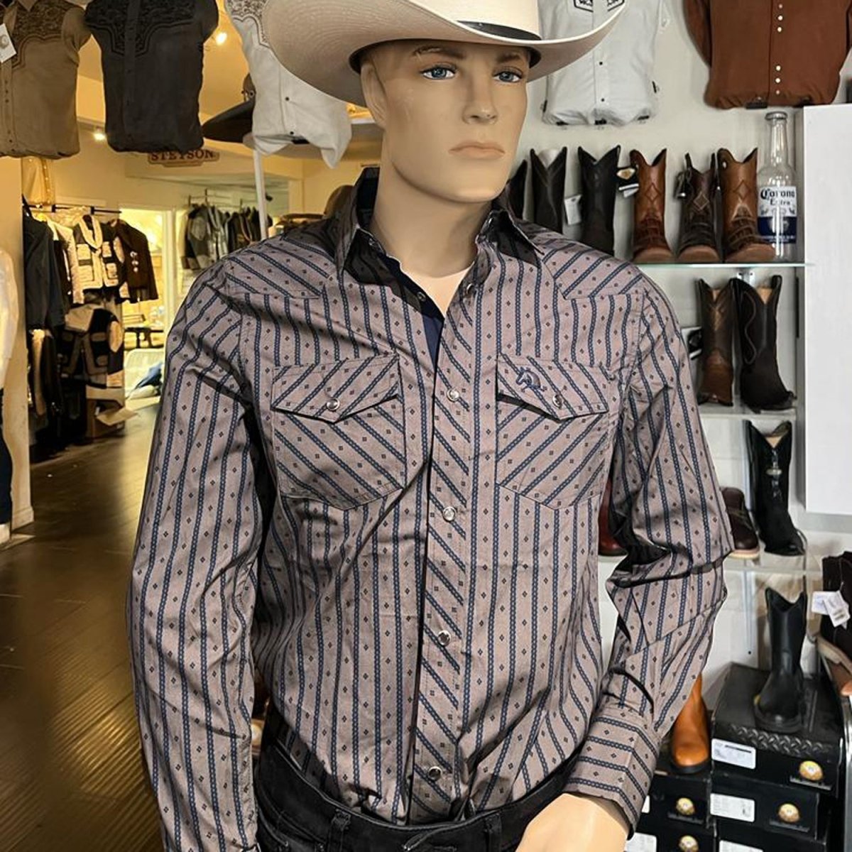Men's White Diamonds Long Sleeve Dark Grey Stripes Western Shirt - White Diamonds Boots