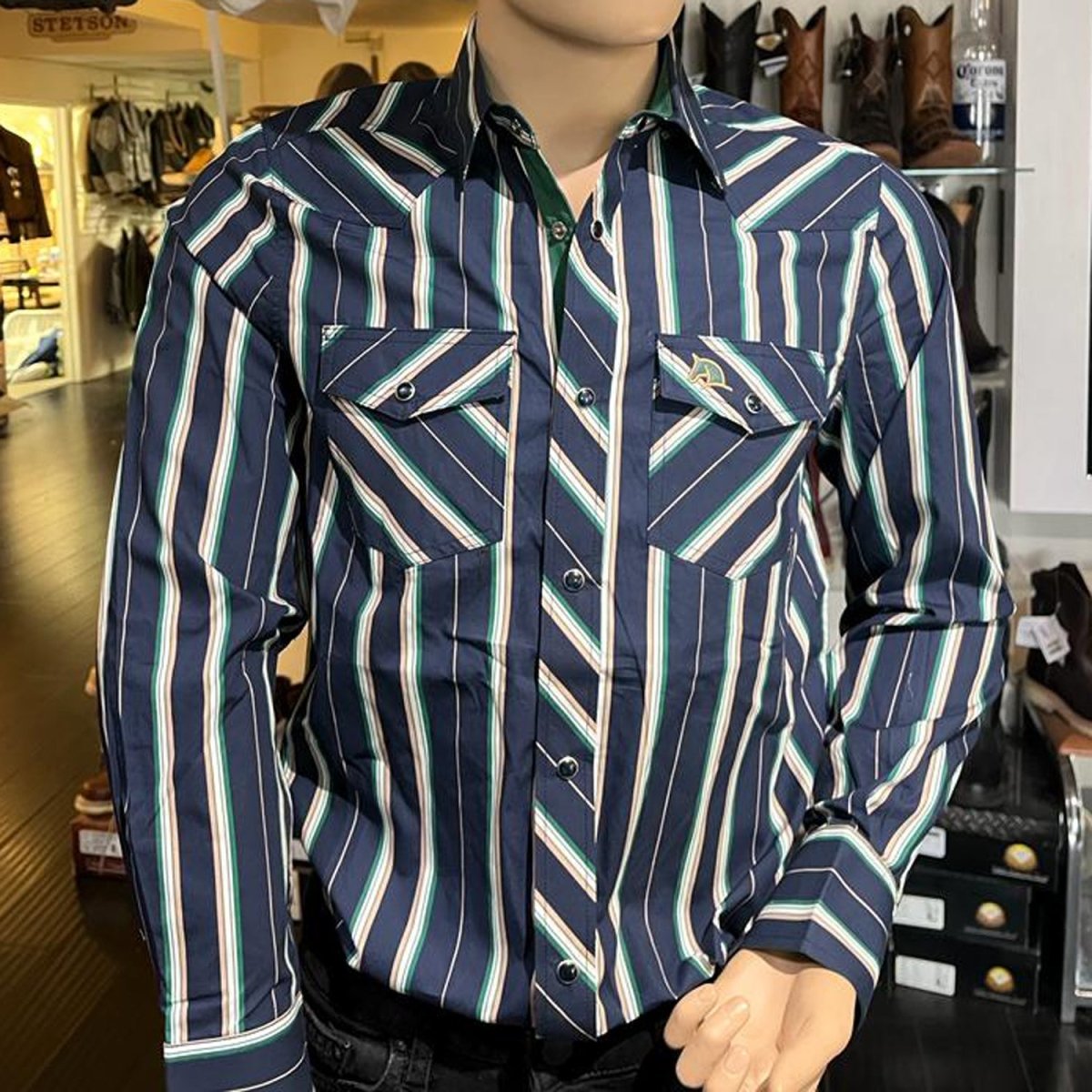 Men's White Diamonds Long Sleeve Navy Stripes Western Shirt - White Diamonds Boots