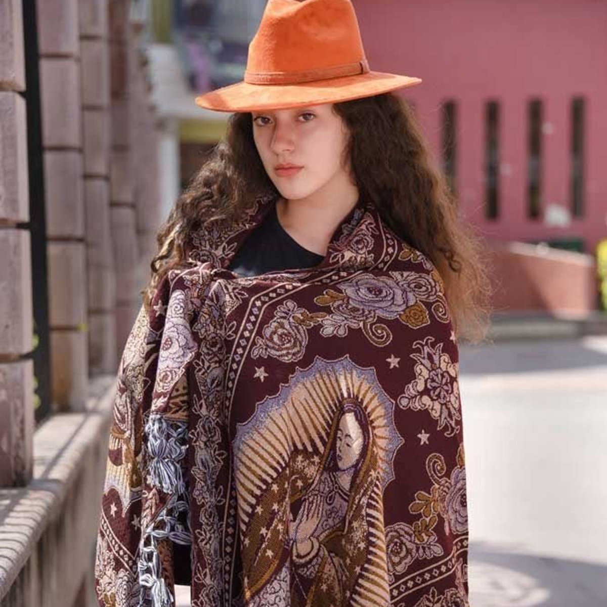 Rebozo Tradicional Mexicano con Imagen de la Virgencita Cafe IMP-79281 - ImporMexico