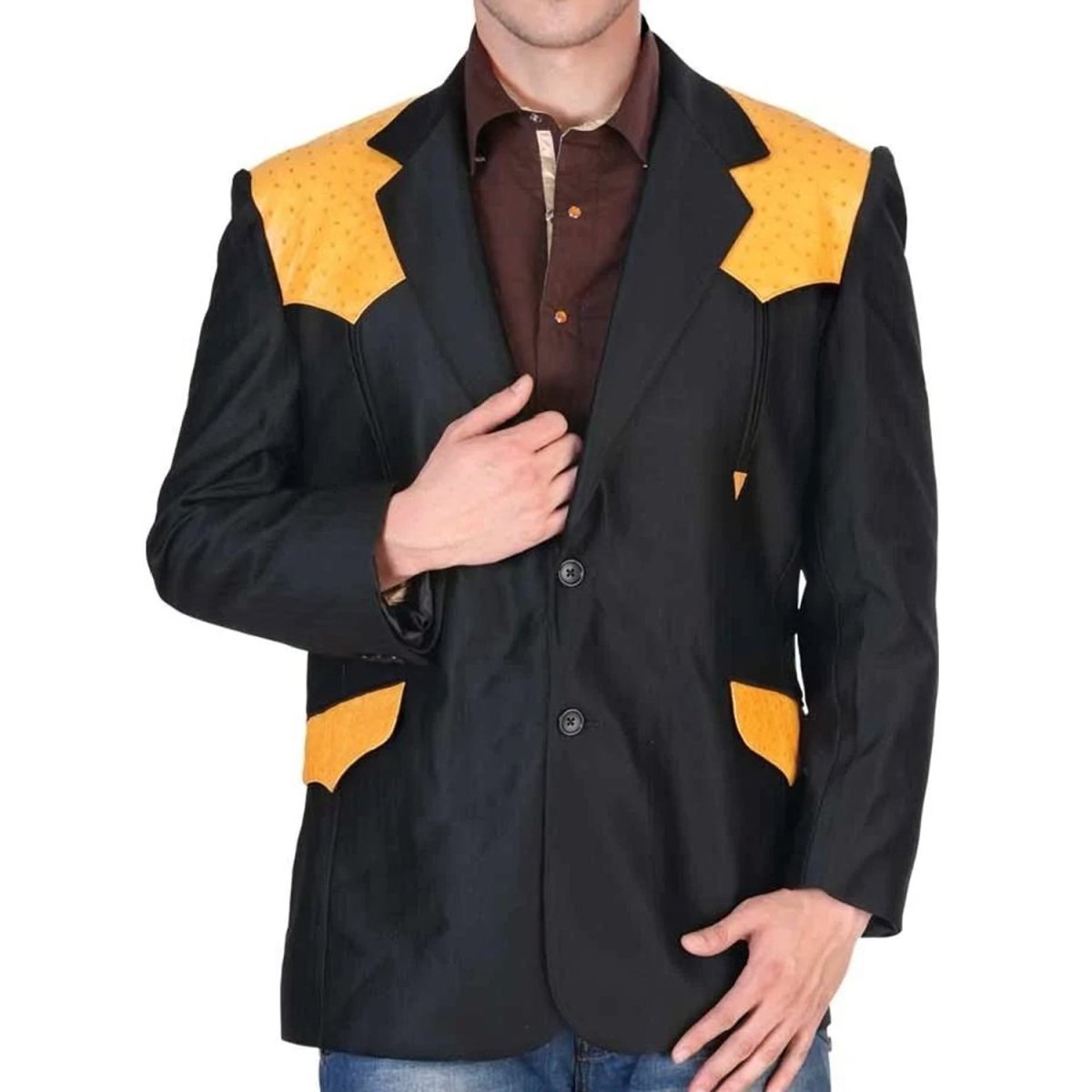 Saco Vaquero Estilo Chalino con Avestruz Original Negro-Mantequilla - El Señor de los Cielos