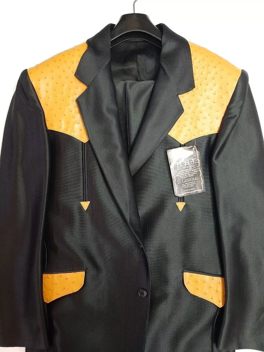 Saco Vaquero Estilo Chalino con Avestruz Original Negro-Mantequilla - El Señor de los Cielos