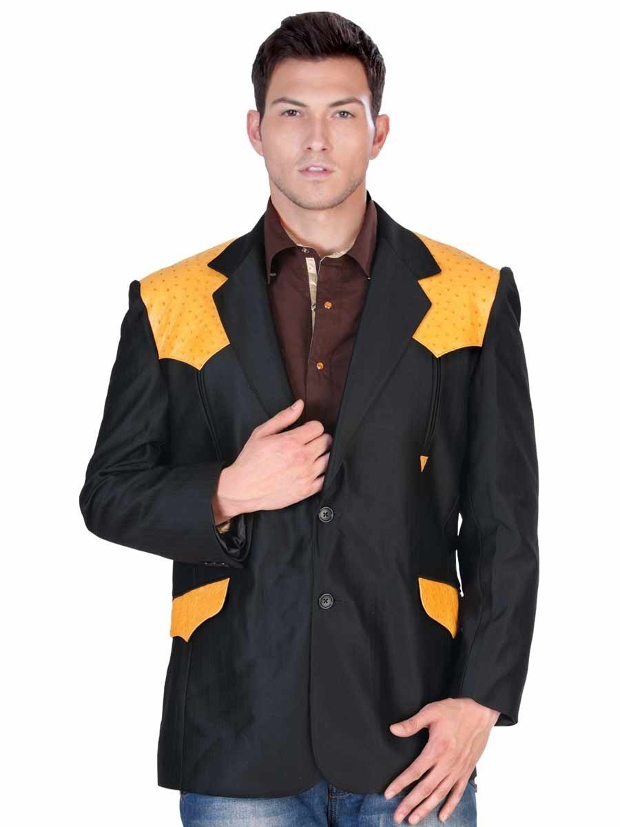 Saco Vaquero Estilo Chalino con Avestruz Original Negro-Mantequilla - El Señor de los Cielos