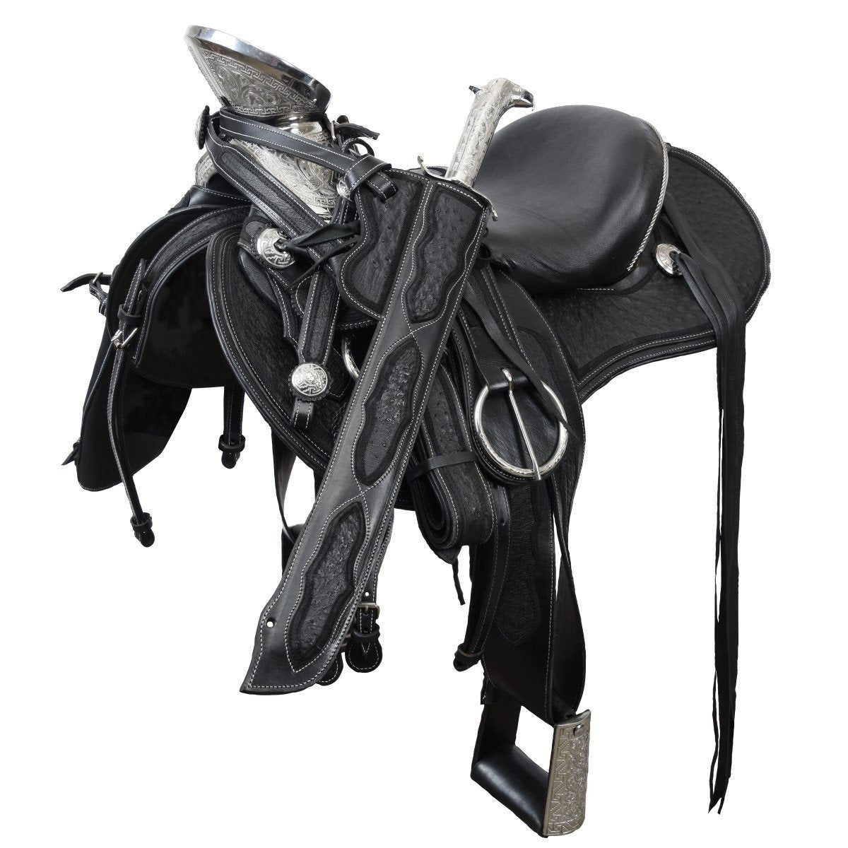 Silla de Montar Charra de Avestruz Negro con Herraje Mexicana Modelo WD-1047 - caballobronco.com