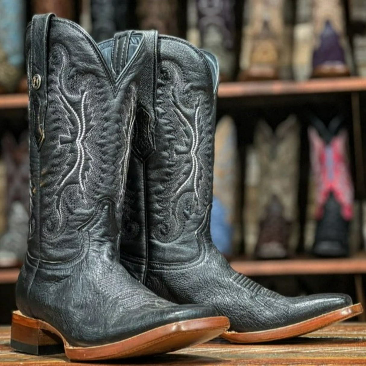 Tanner Mark Men's Bexar Genuine Smooth Ostrich Square Toe Boots Black - Tanner Mark Boots