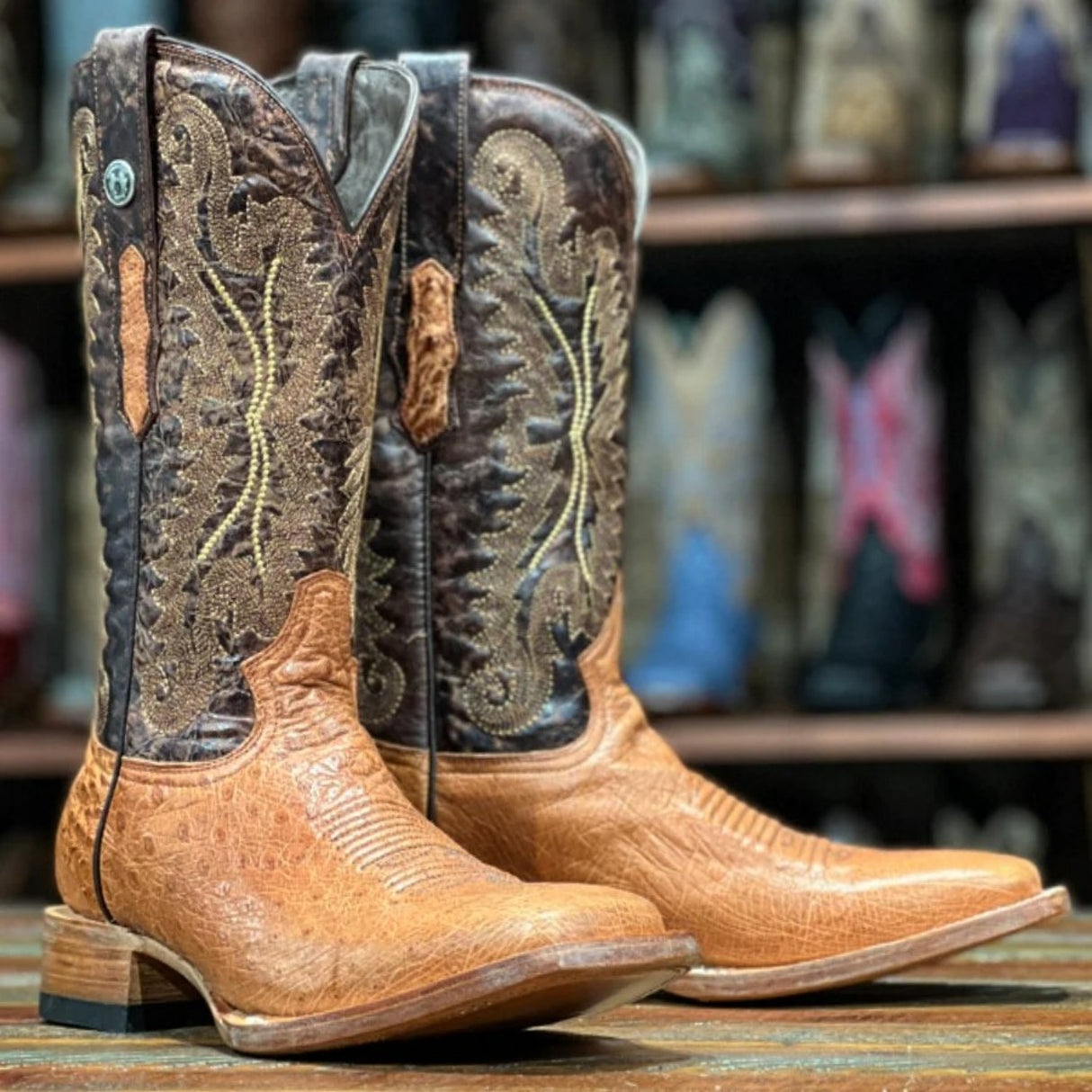 Tanner Mark Men's Bosque Genuine Smooth Ostrich Square Toe Boots Brandy - Tanner Mark Boots