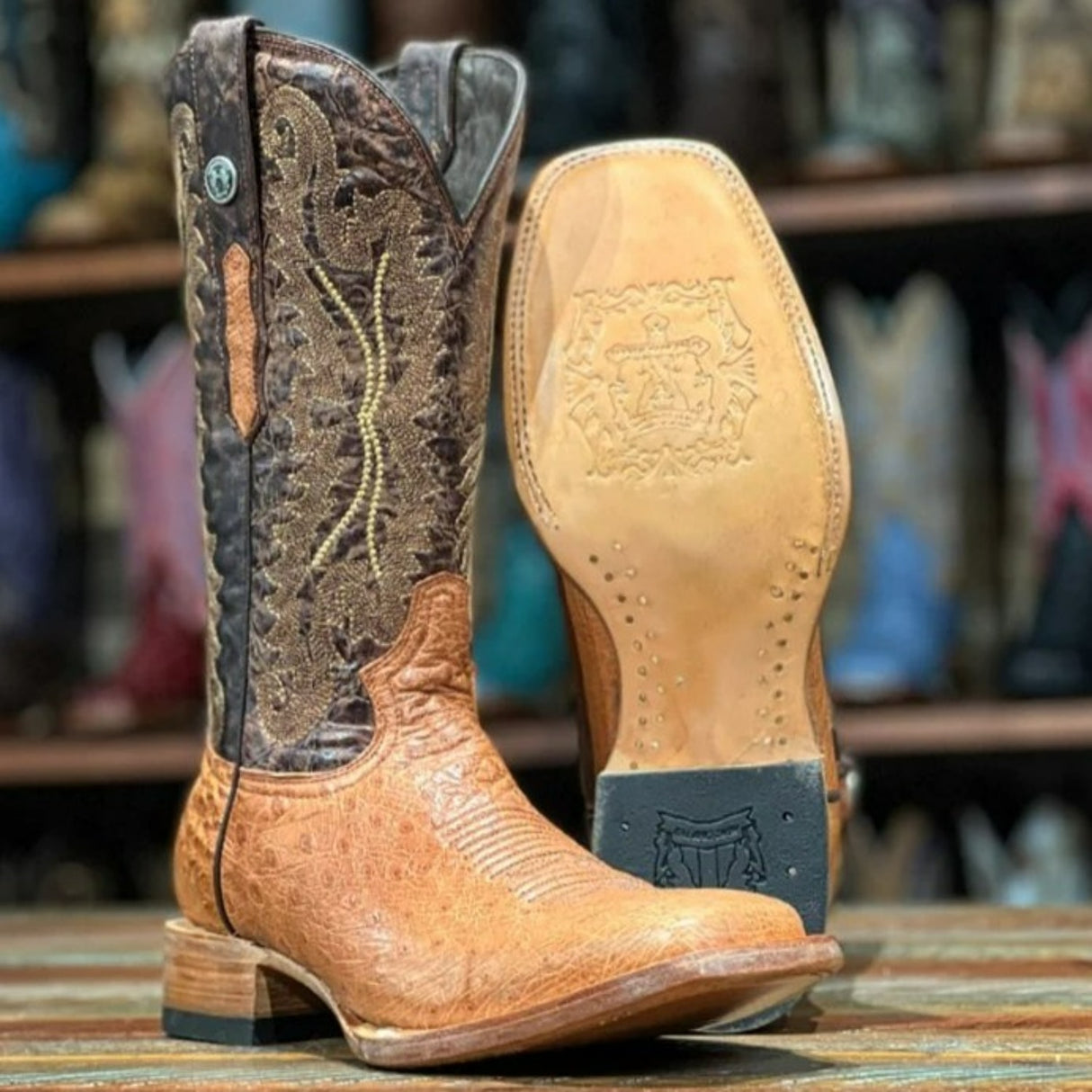 Tanner Mark Men's Bosque Genuine Smooth Ostrich Square Toe Boots Brandy - Tanner Mark Boots