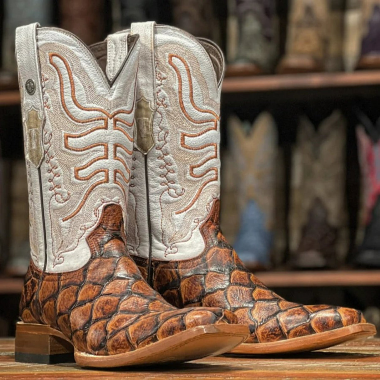 Tanner Mark Men's Dillon Print Monster Fish Square Toe Boots Cognac - Tanner Mark Boots