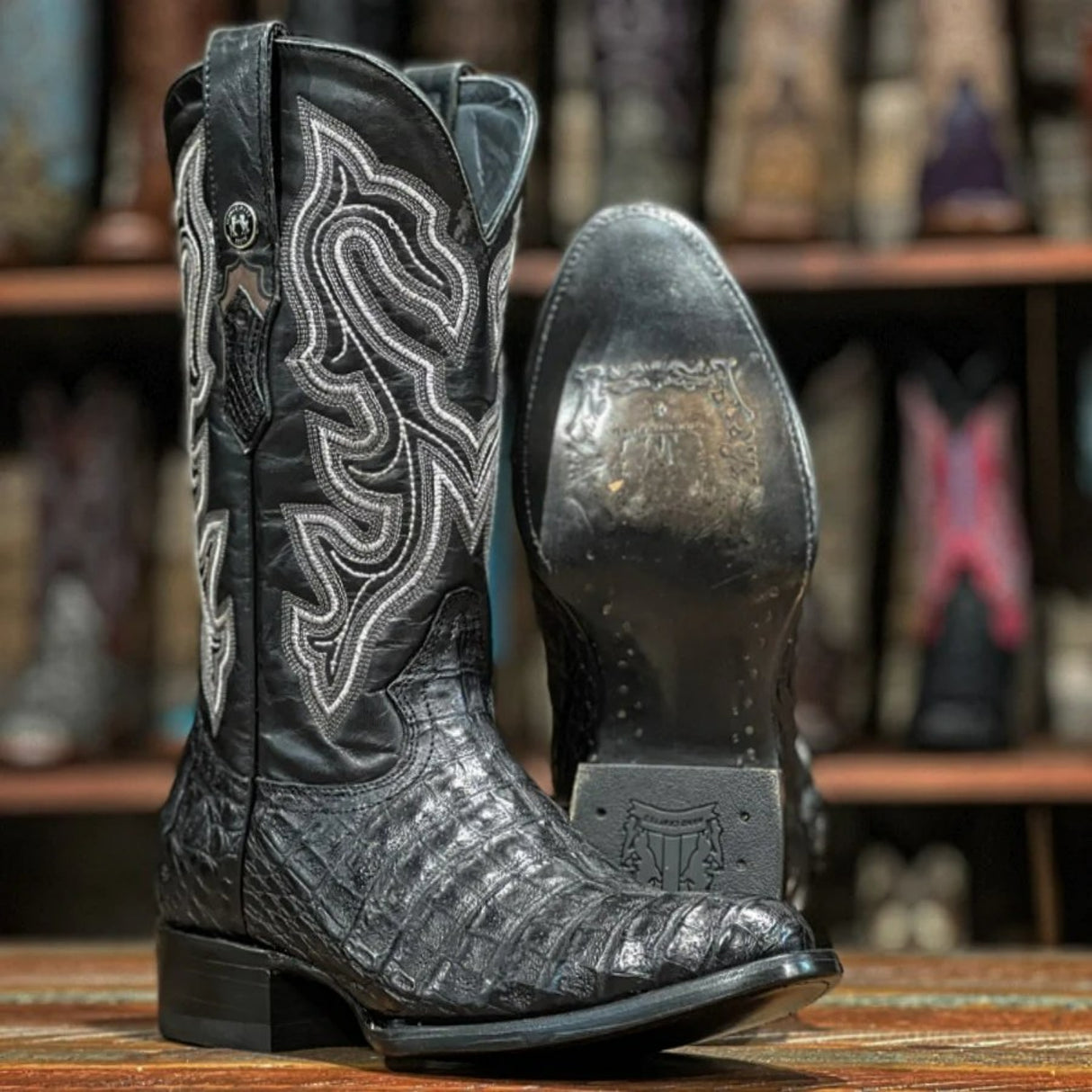 Tanner Mark Men's Genuine Caiman Belly Round Toe Boots Black - Tanner Mark Boots