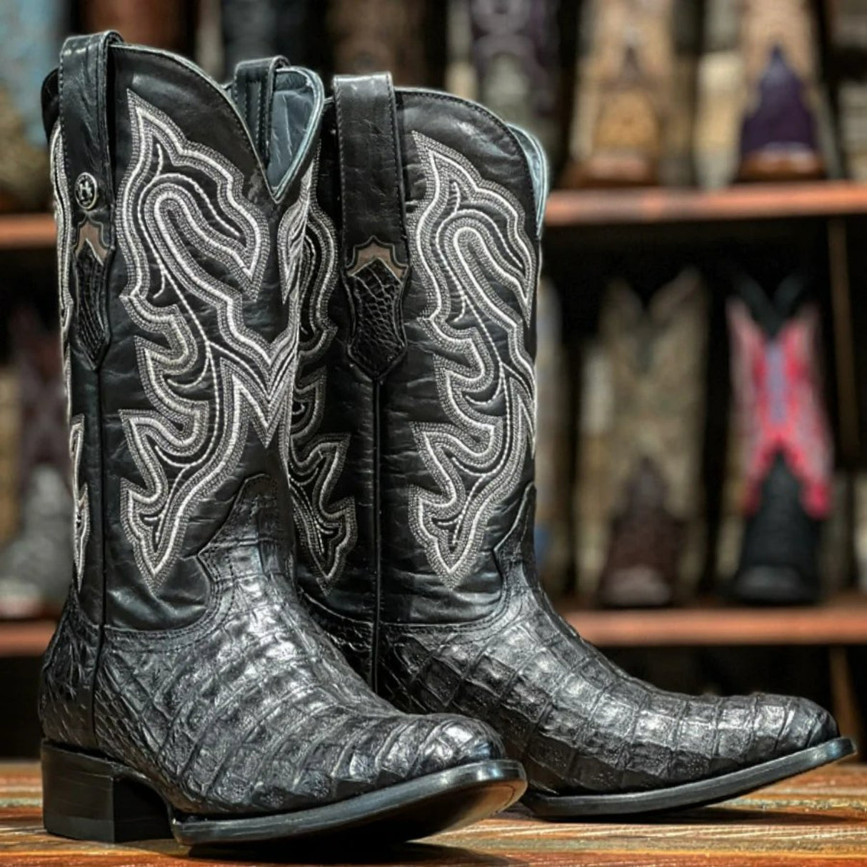 Tanner Mark Men's Genuine Caiman Belly Round Toe Boots Black - Tanner Mark Boots