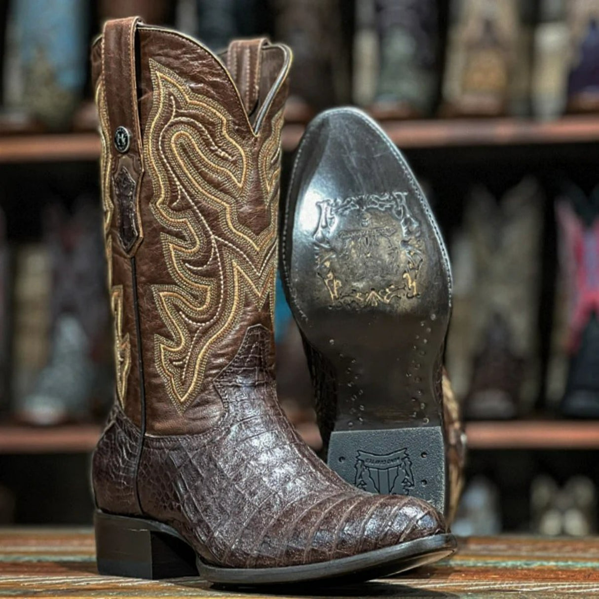 Tanner Mark Men's Genuine Caiman Belly Round Toe Boots Brown - Tanner Mark Boots