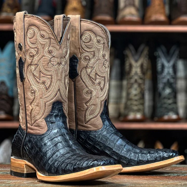 Men's Caiman Belly Print Leather Square Toe Ankle Boots