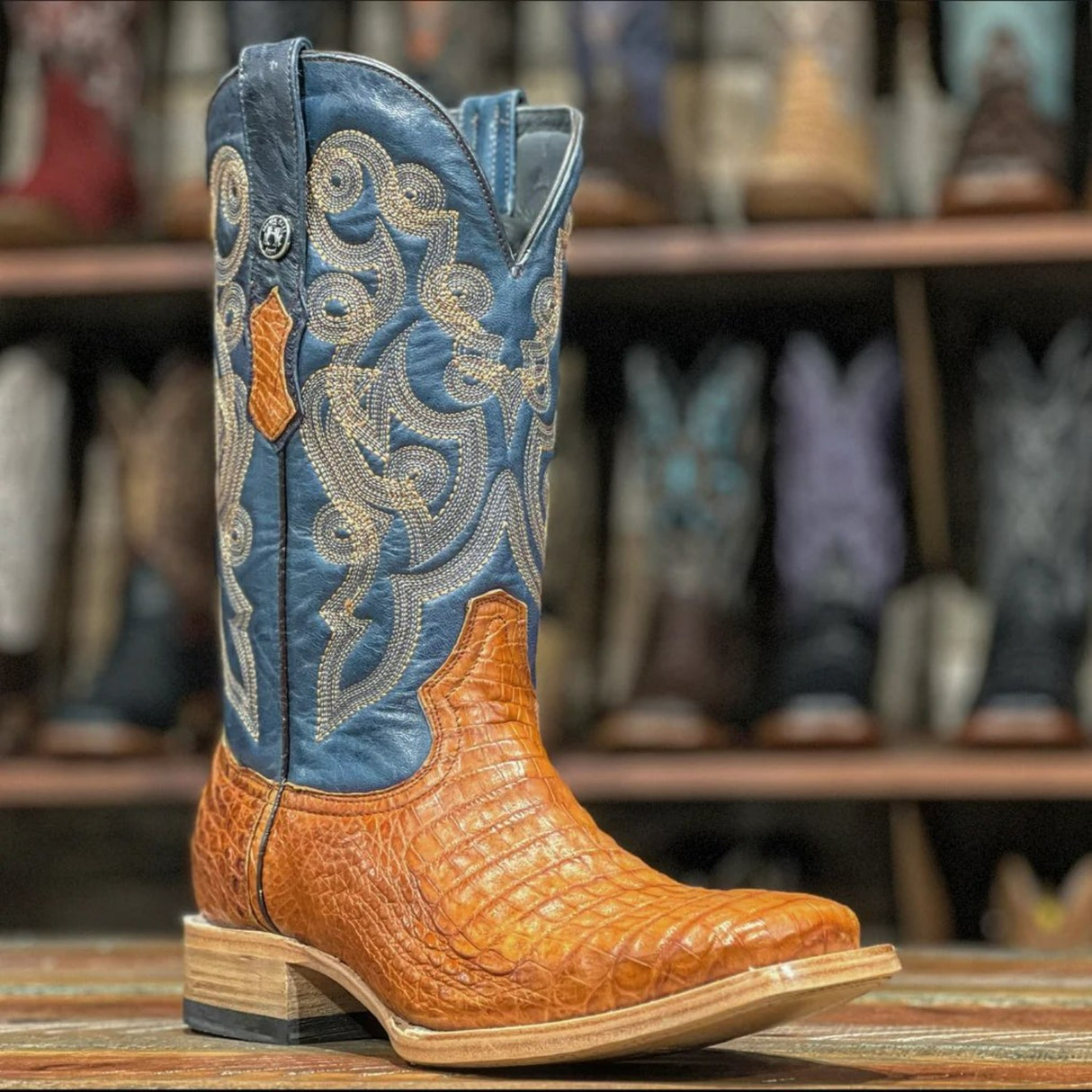 Tanner Mark Men's Genuine Caiman Belly Square Toe Boots Cognac - Tanner Mark Boots