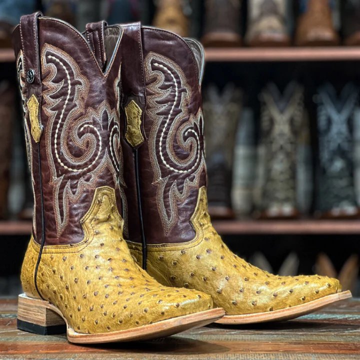 Tanner Mark Men's Genuine Full Quill Ostrich Square Toe Boots Antique Saddle - Tanner Mark Boots