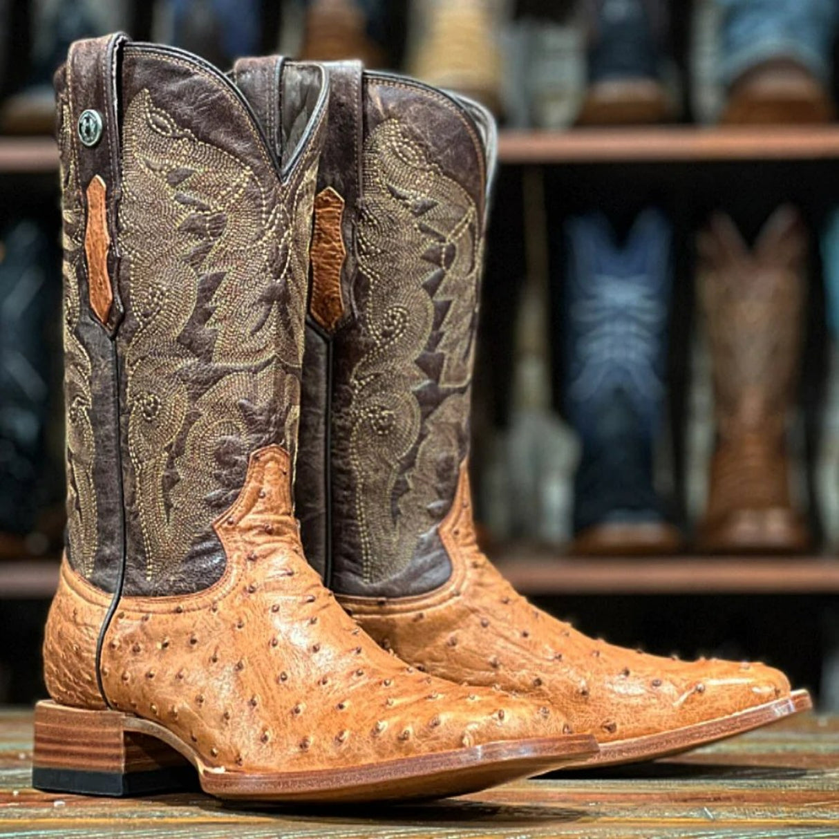 Tanner Mark Men's Genuine Full Quill Ostrich Square Toe Boots Brandy - Tanner Mark Boots