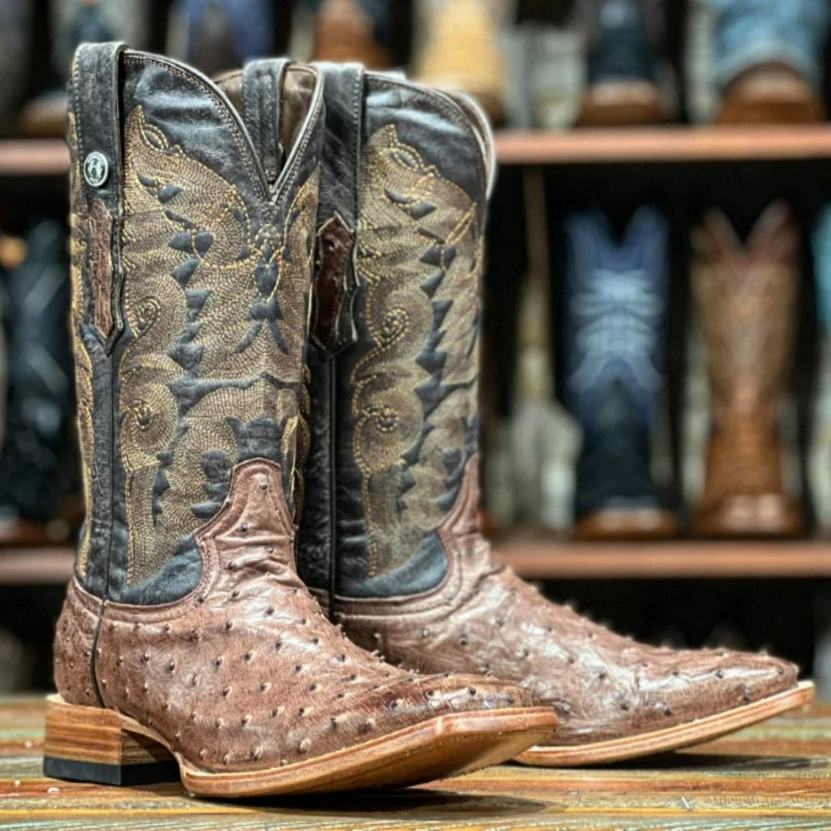 Tanner Mark Men's Genuine Full Quill Ostrich Square Toe Boots Brown - Tanner Mark Boots