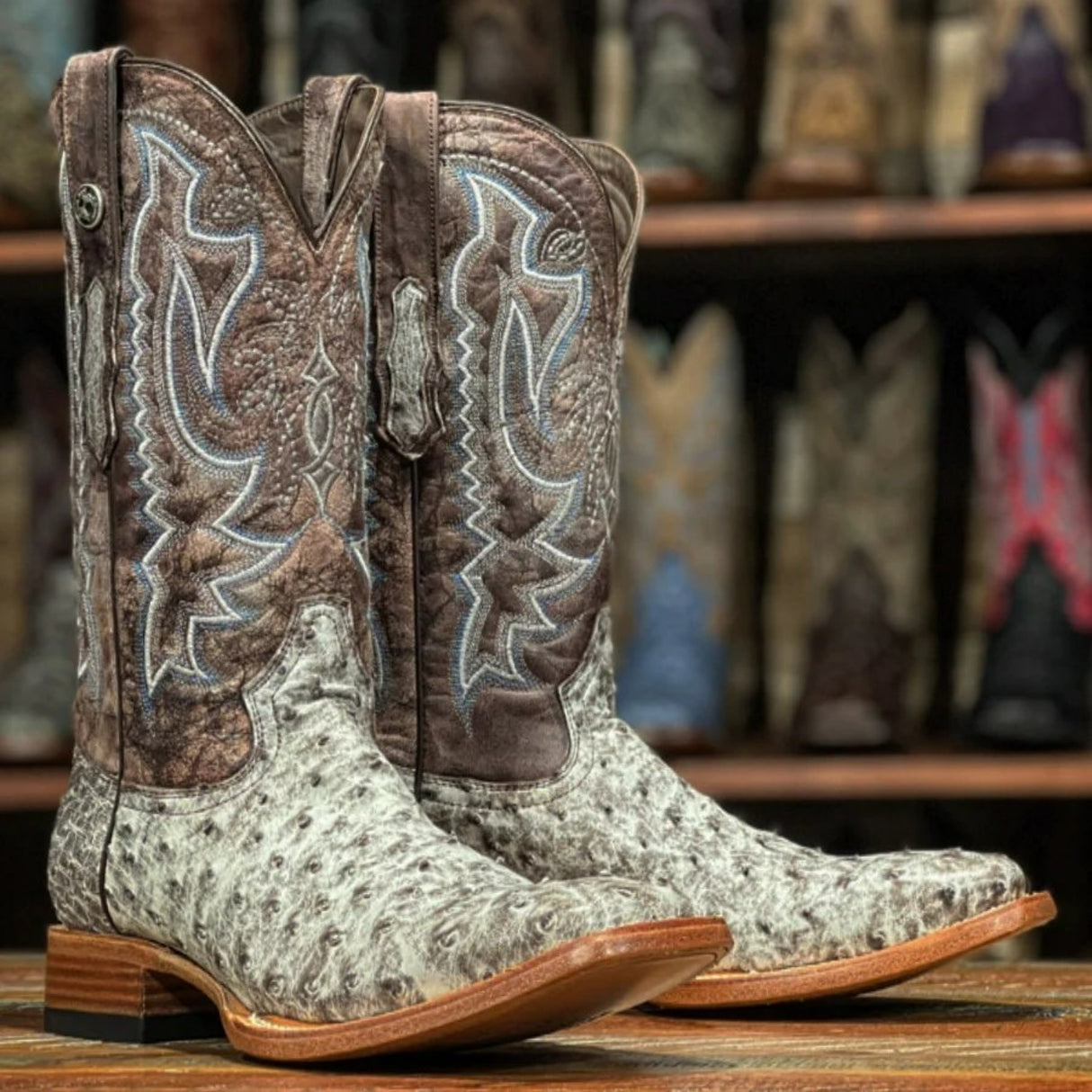 Tanner Mark Men's Genuine Full Quill Ostrich Square Toe Boots Brown - Tanner Mark Boots