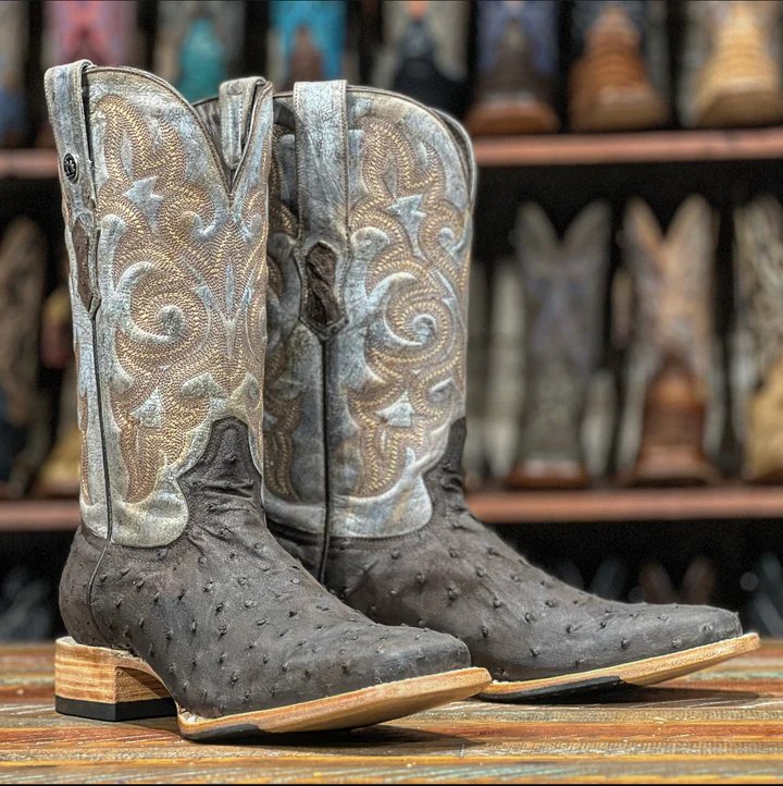 Tanner Mark Men's Genuine Full Quill Ostrich Square Toe Boots Dark Brown - Tanner Mark Boots