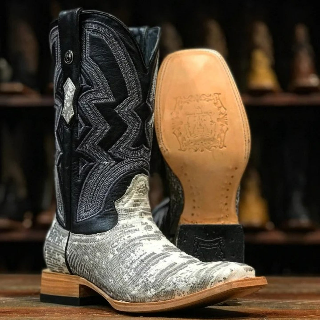 Tanner Mark Men's Genuine Lizard Lather Square Toe Boots Natural - Tanner Mark Boots