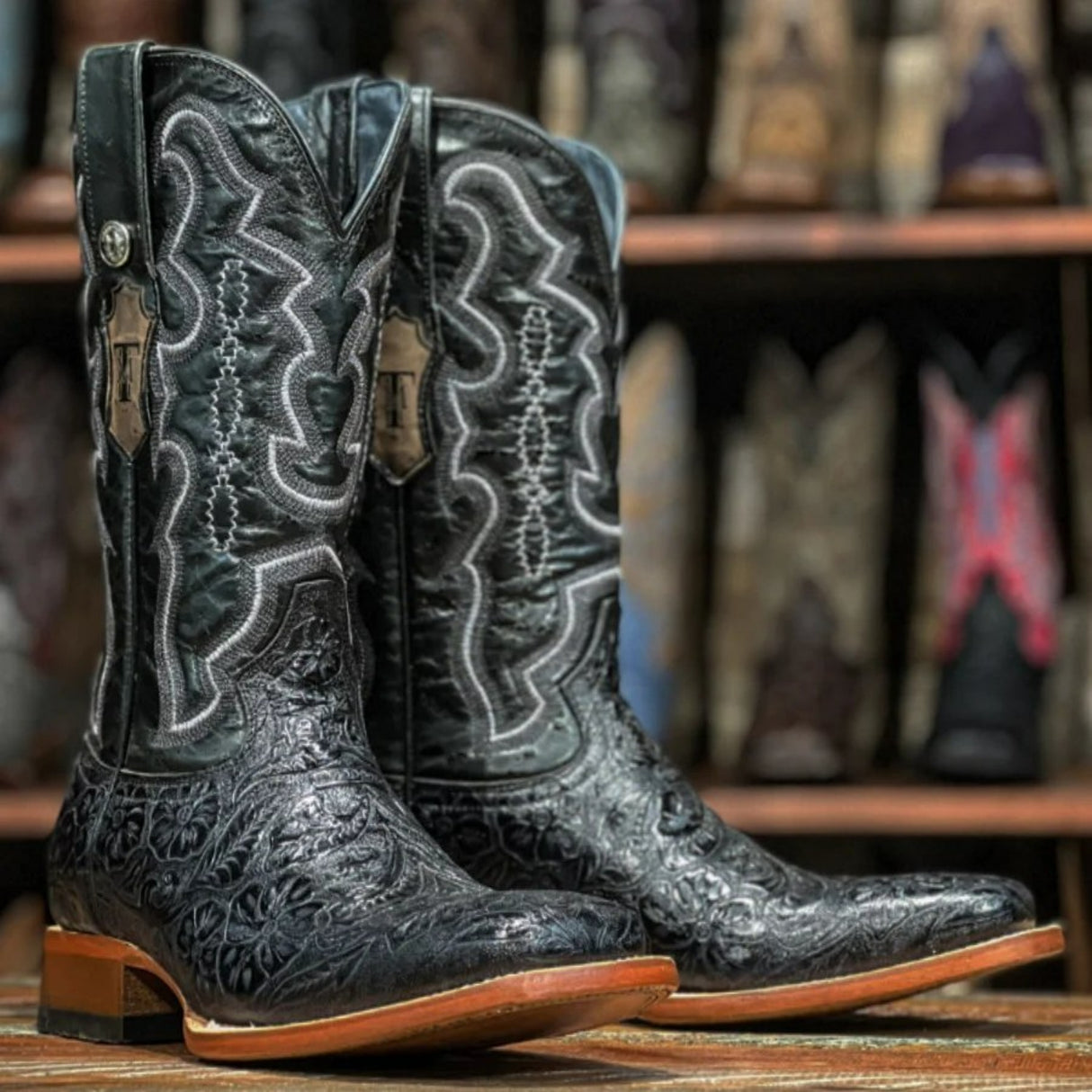 Tanner Mark Men's Leon Hand Tooled Square Toe Boots Black - Tanner Mark Boots