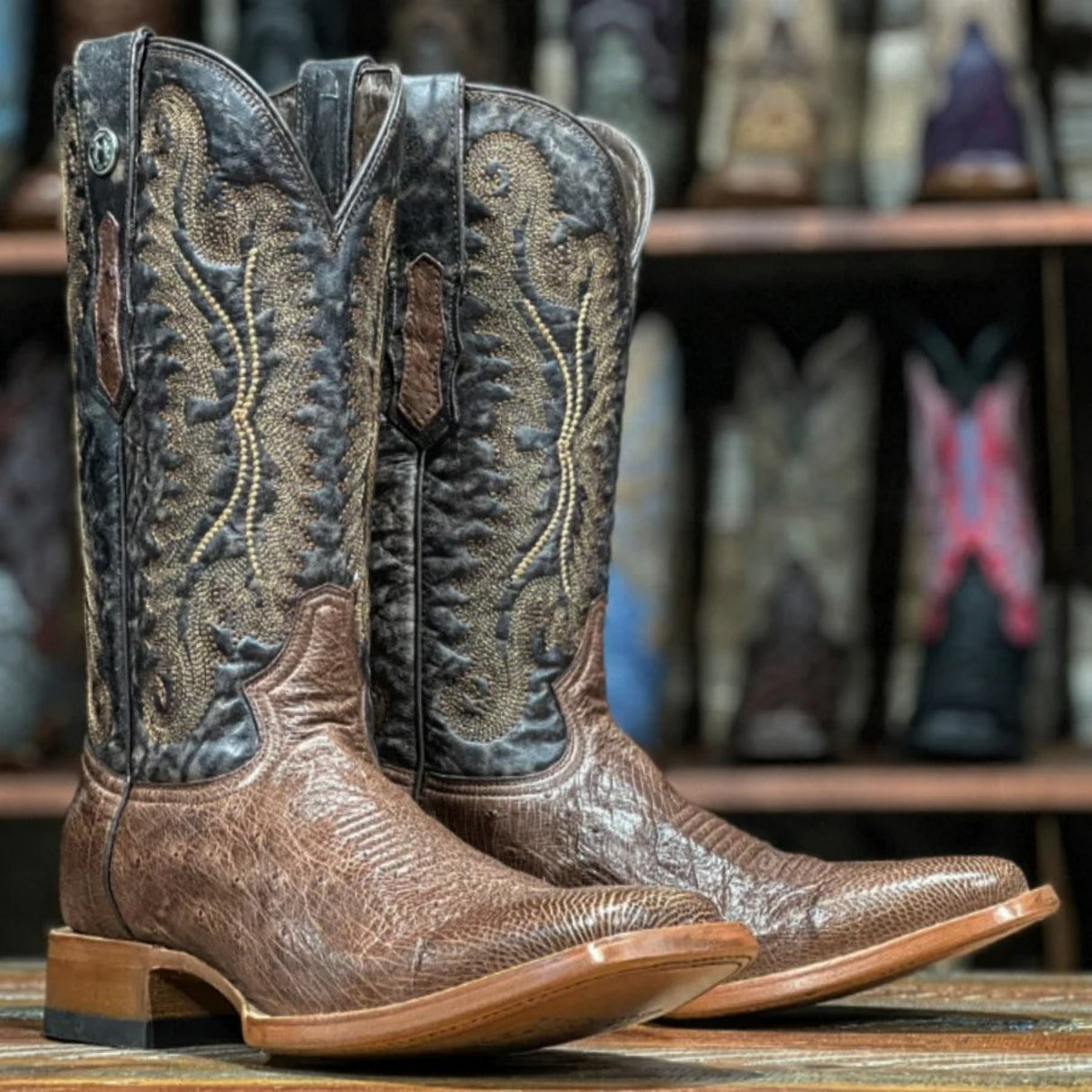 Tanner Mark Men's Poteet Genuine Smooth Ostrich Square Toe Boots Brown - Tanner Mark Boots