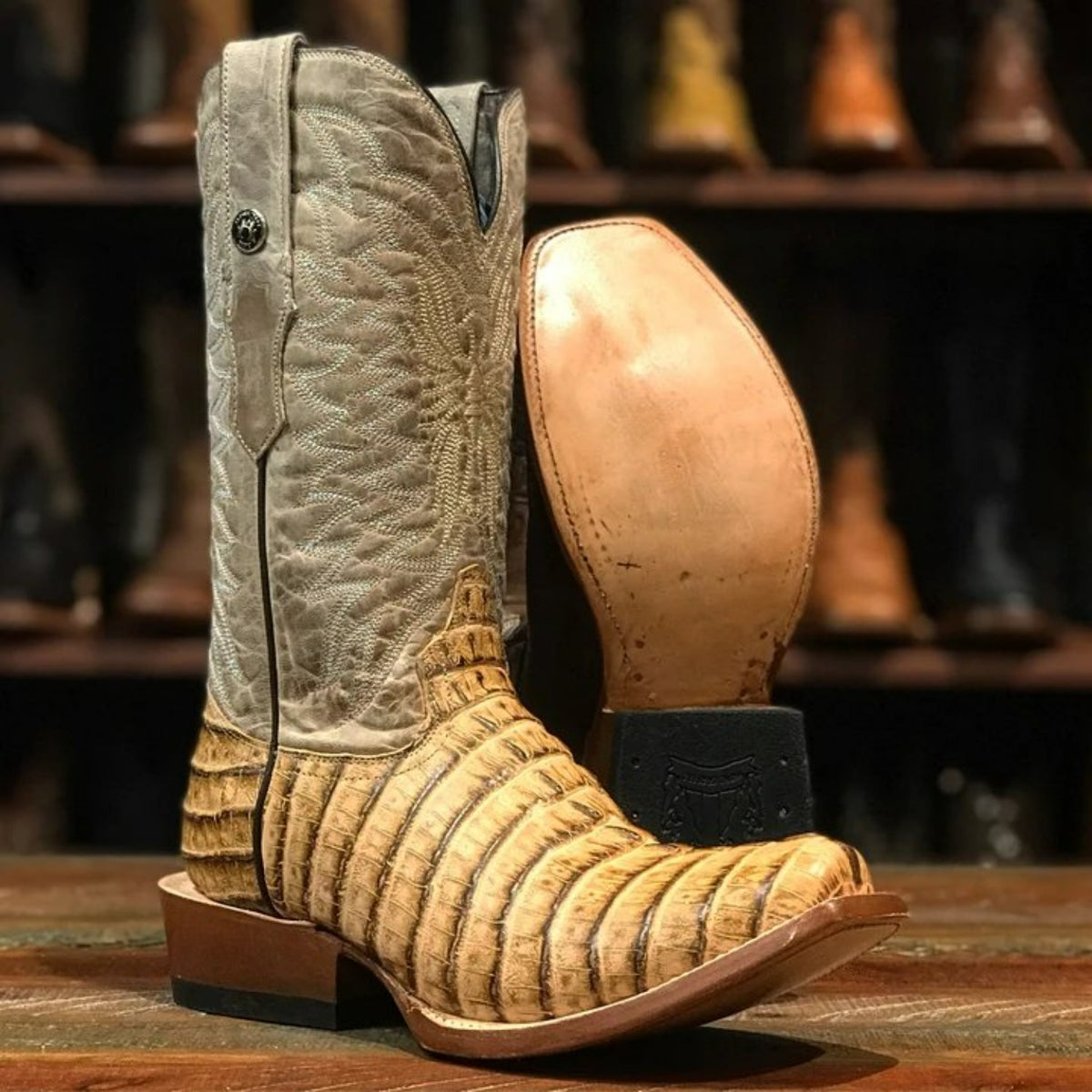 Tanner Mark Men's Hudson Print Caiman Tail Square Toe Boots Cognac