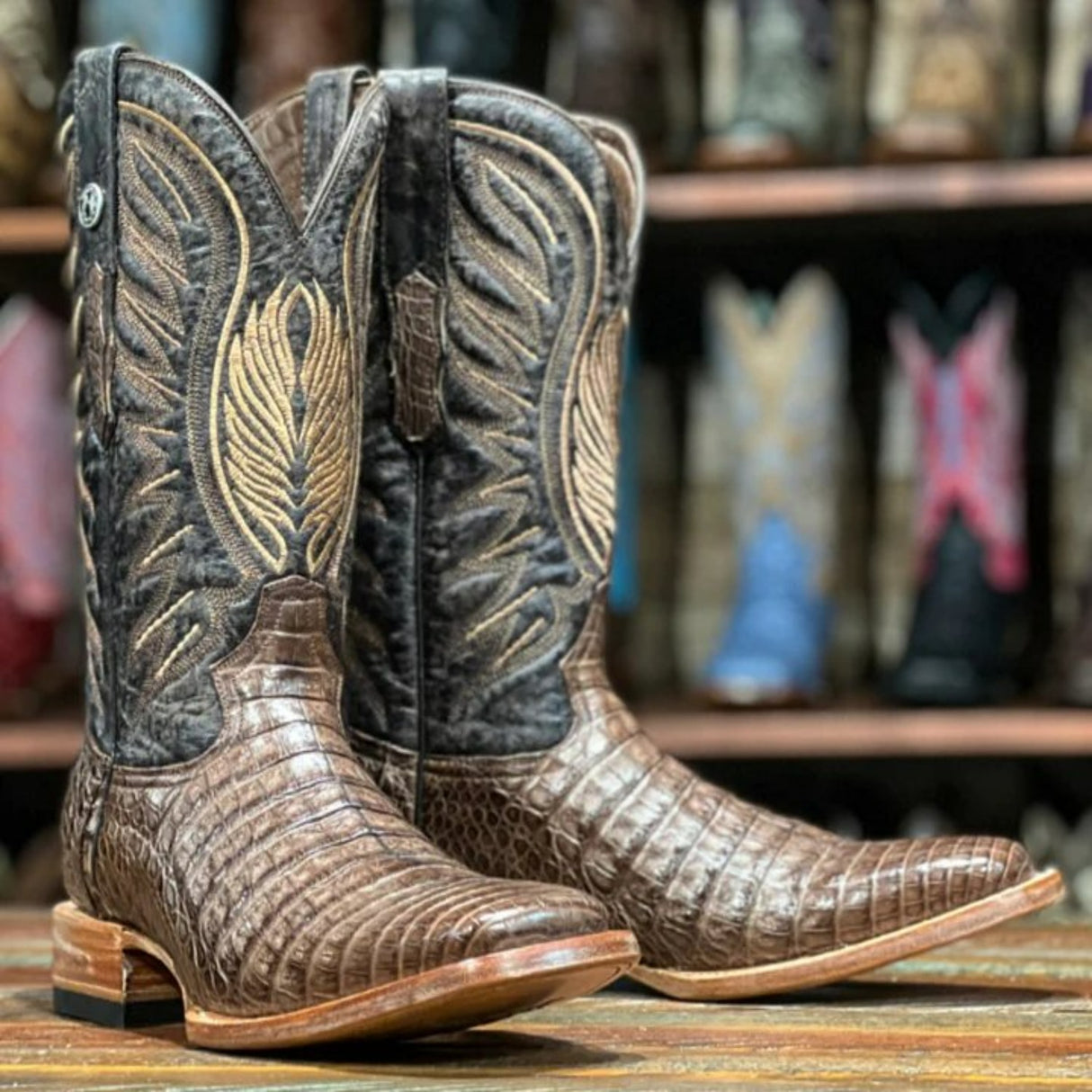 Tanner Mark Men's Shawnee Genuine Caiman Belly Square Toe Boots Brown - Tanner Mark Boots