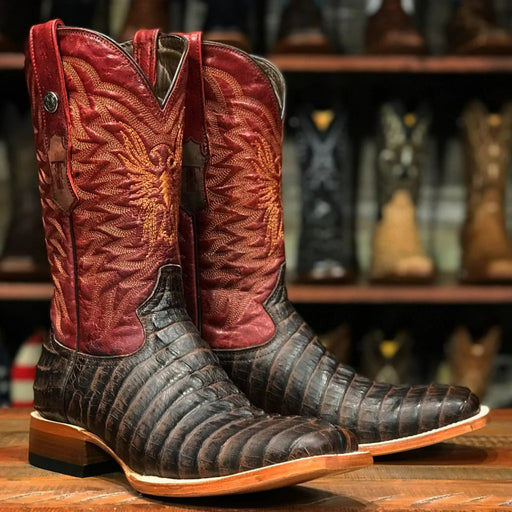 Tanner Mark Men's The Bandit Print Caiman Tail Square Toe Boots Chocolate - Tanner Mark Boots