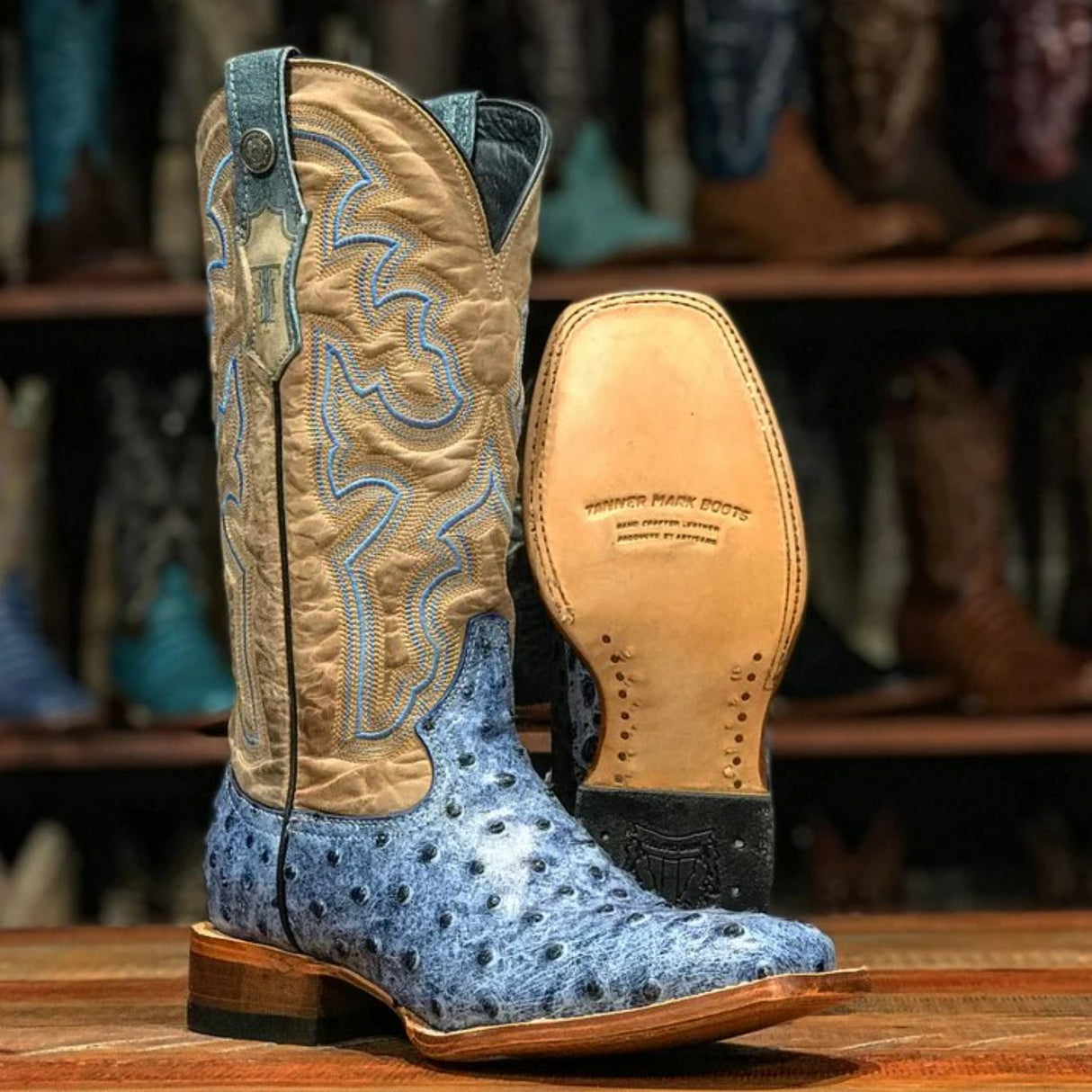 Tanner Mark Women's 'Bluebonnet' Ostrich Print Square Toe Boots Blue Denim - Tanner Mark Boots