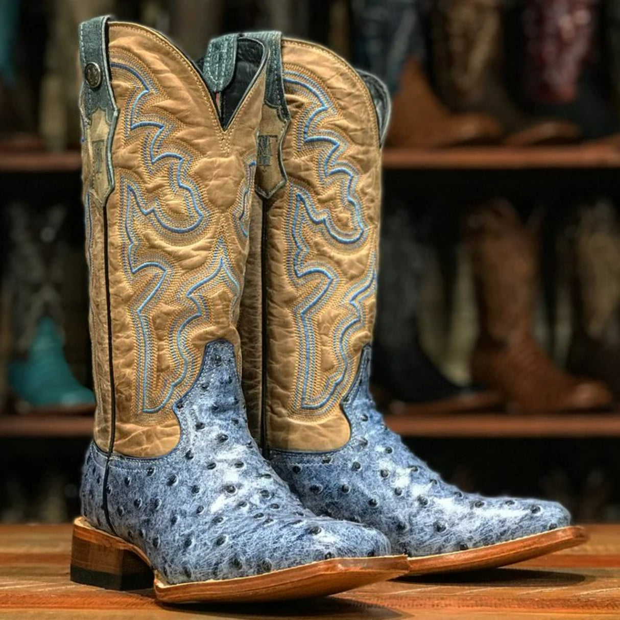Tanner Mark Women's 'Bluebonnet' Ostrich Print Square Toe Boots Blue Denim - Tanner Mark Boots