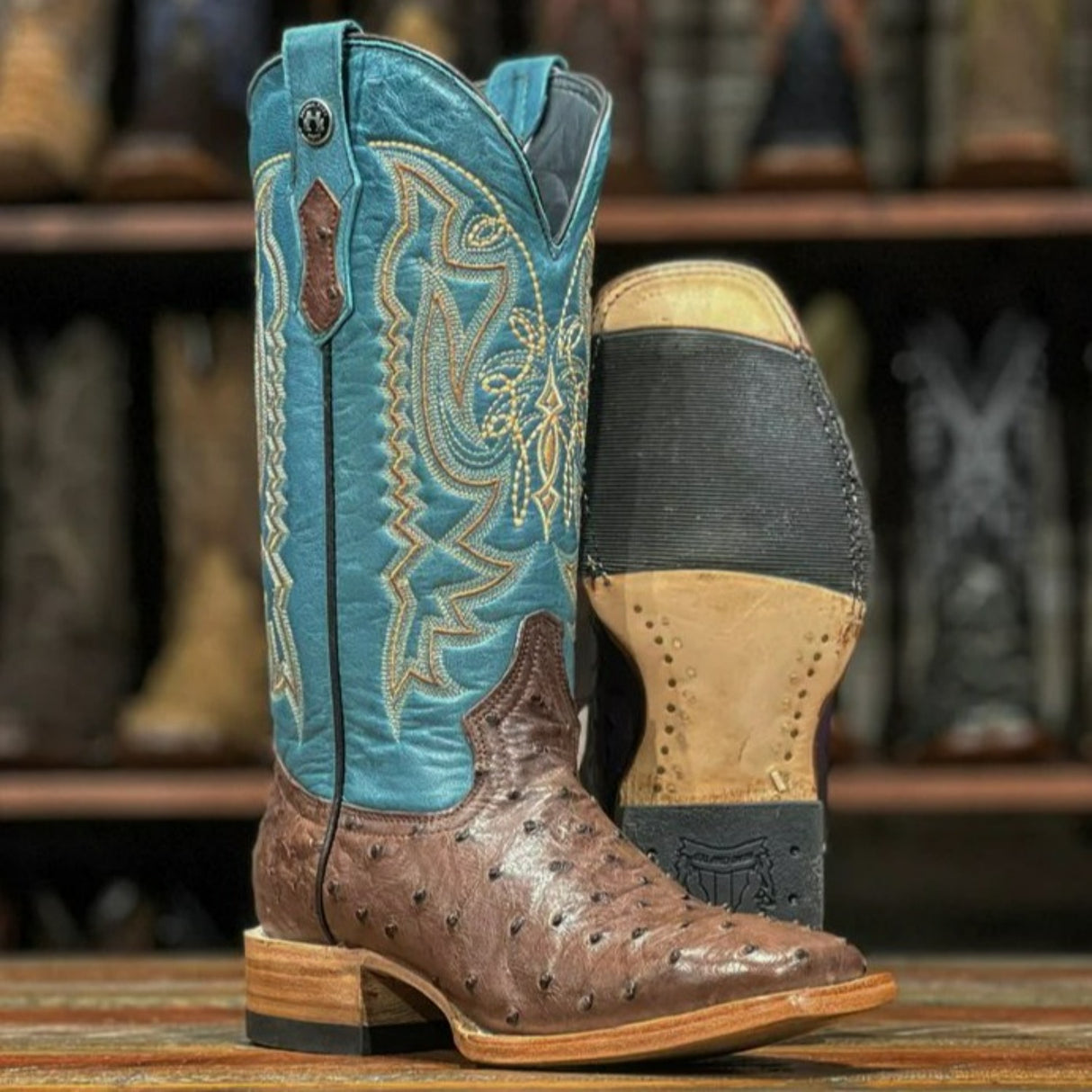 Tanner Mark Women's Full Quill Ostrich Square Toe Boots Brown - Tanner Mark Boots