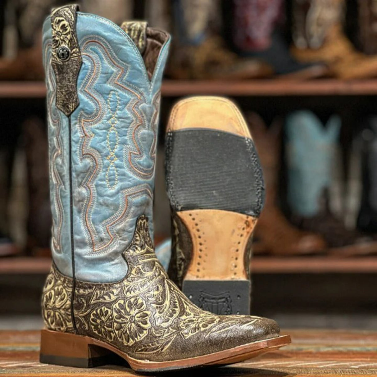 Tanner Mark Women's Hand Tooled Square Toe Leather Boots Brown - Tanner Mark Boots