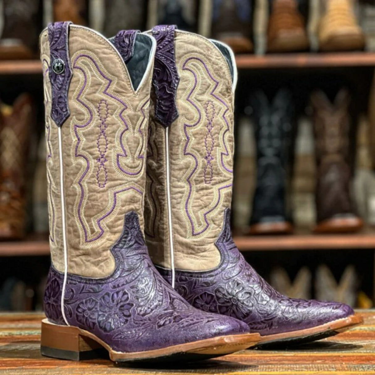 Tanner Mark Women's Hand Tooled Square Toe Leather Boots Grape - Tanner Mark Boots