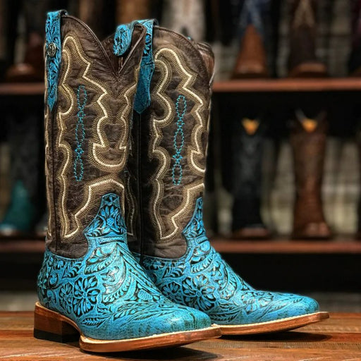 Tanner Mark Women's 'Misty" Hand Tooled Square Toe Leather Boots Turquoise - Tanner Mark Boots