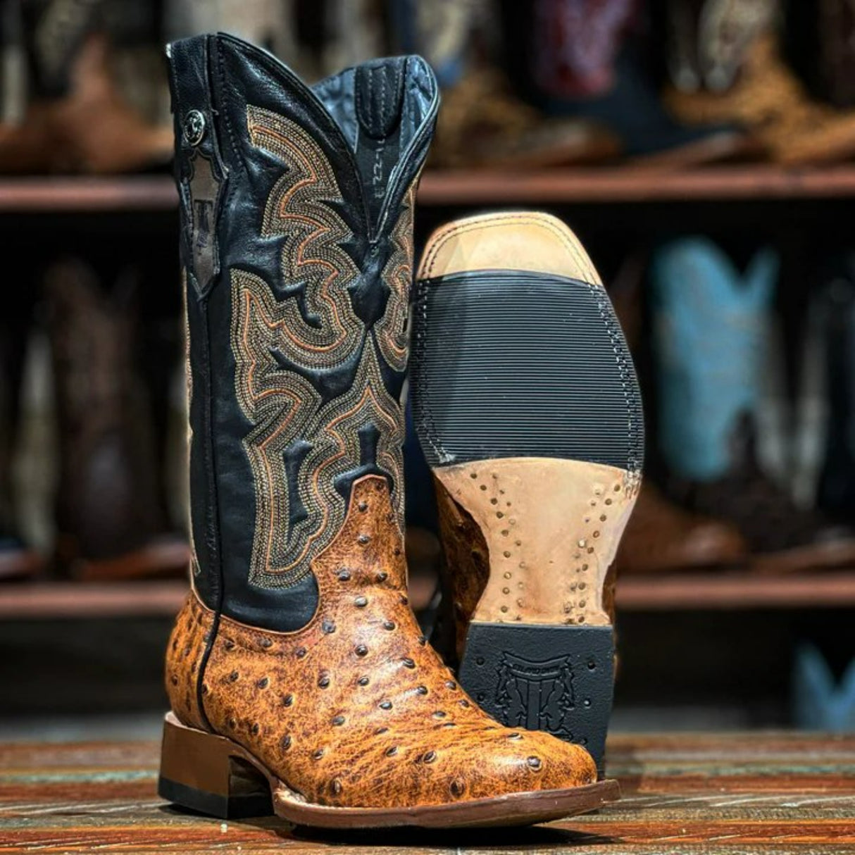 Tanner Mark Women's Ostrich Print Square Toe Boots Cognac - Tanner Mark Boots