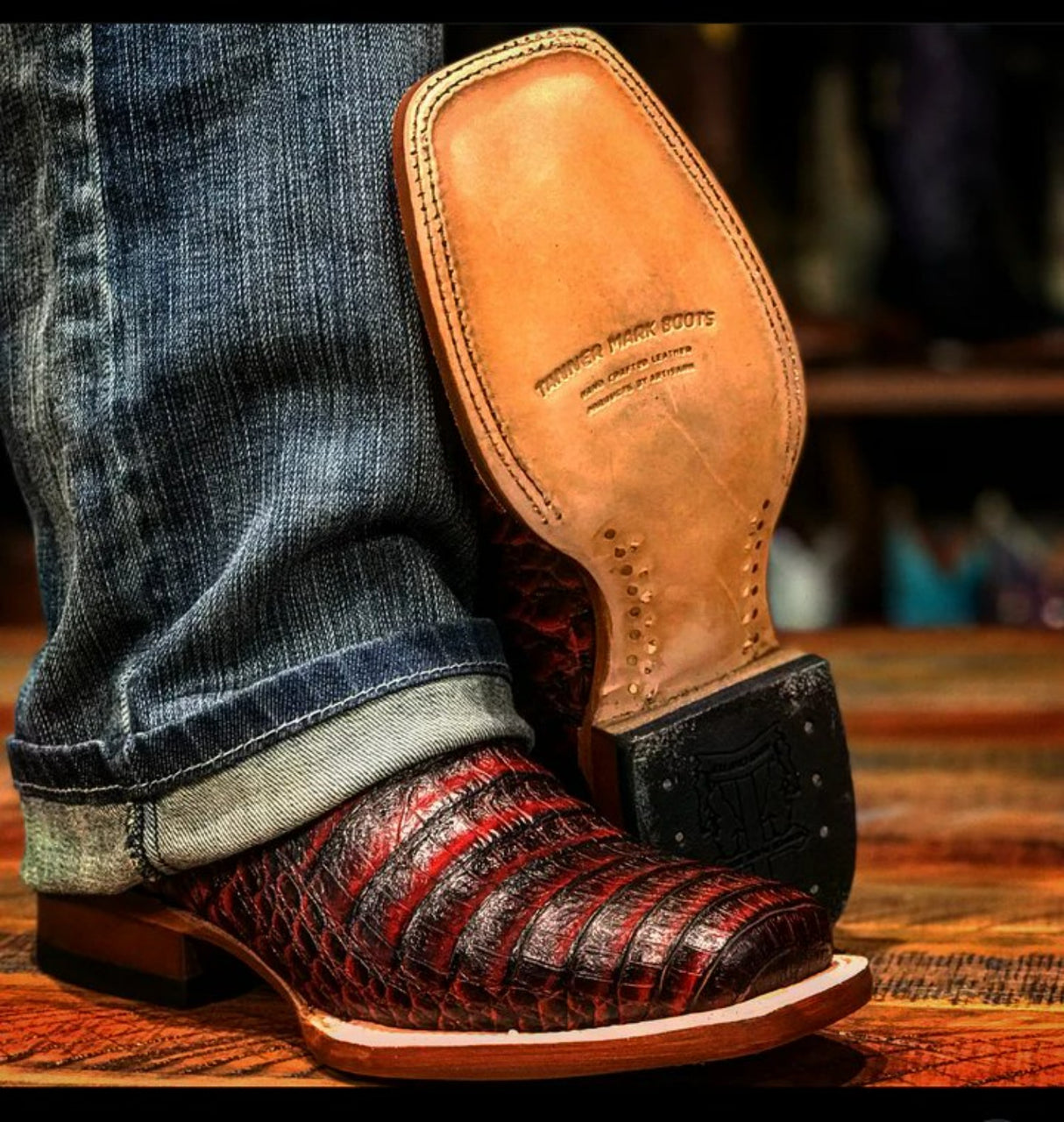 Tanner Mark Women's 'Scarlet' Print Caiman Belly Square Toe Boots Burgundy - Tanner Mark Boots