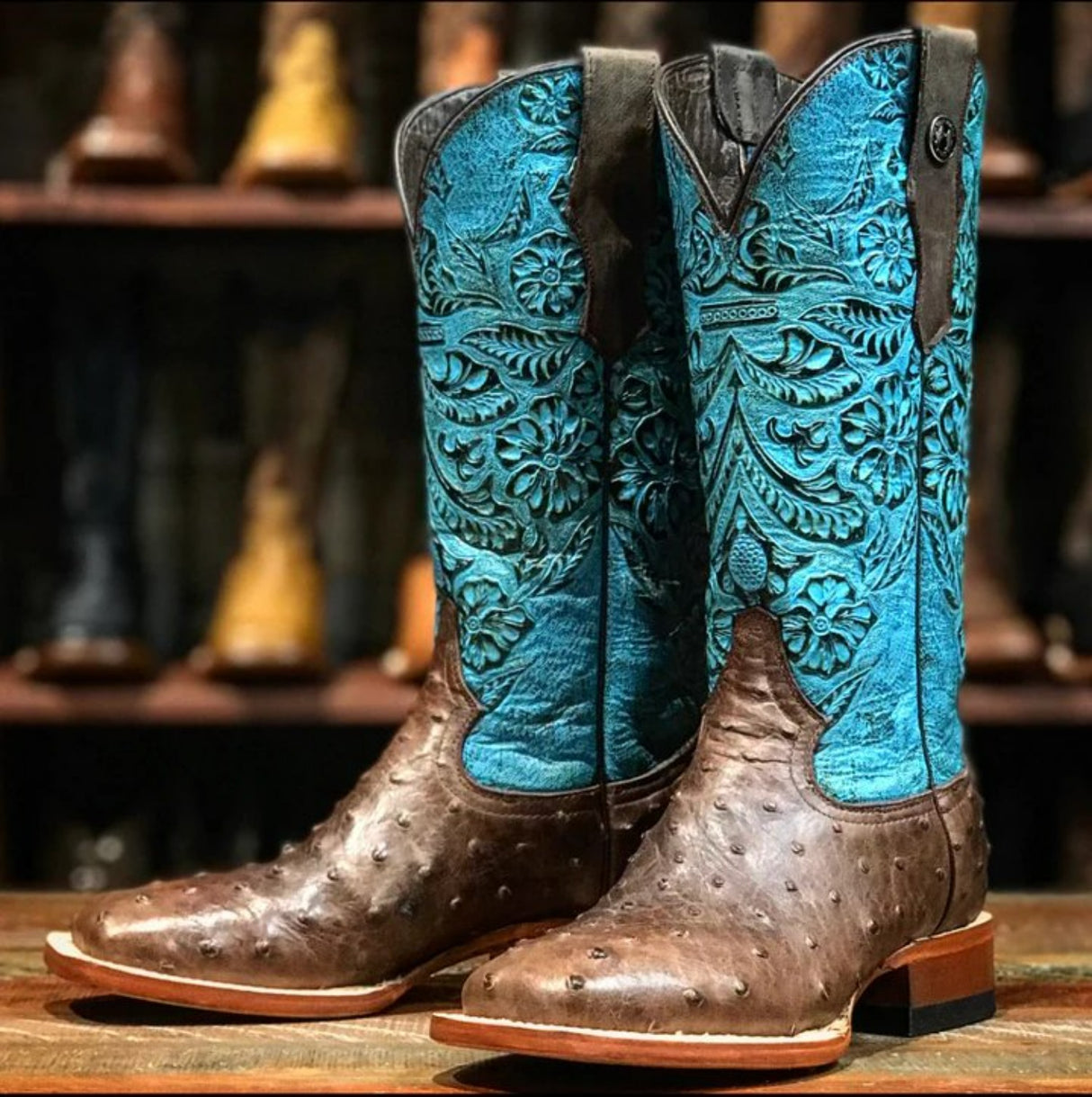 Tanner Mark Women's 'Shiloh' Ostrich Print Square Toe Boots Brown - Tanner Mark Boots