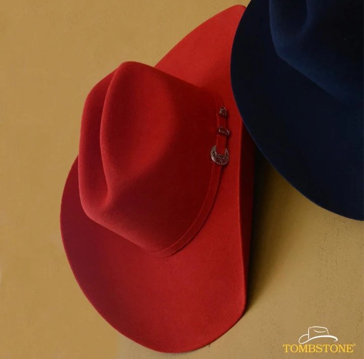 Handcrafted Rojo blue Tombstone cowboy hat for men, 20X wool felt, 4 inch crown and 4 inch brim, East-West shape- top view