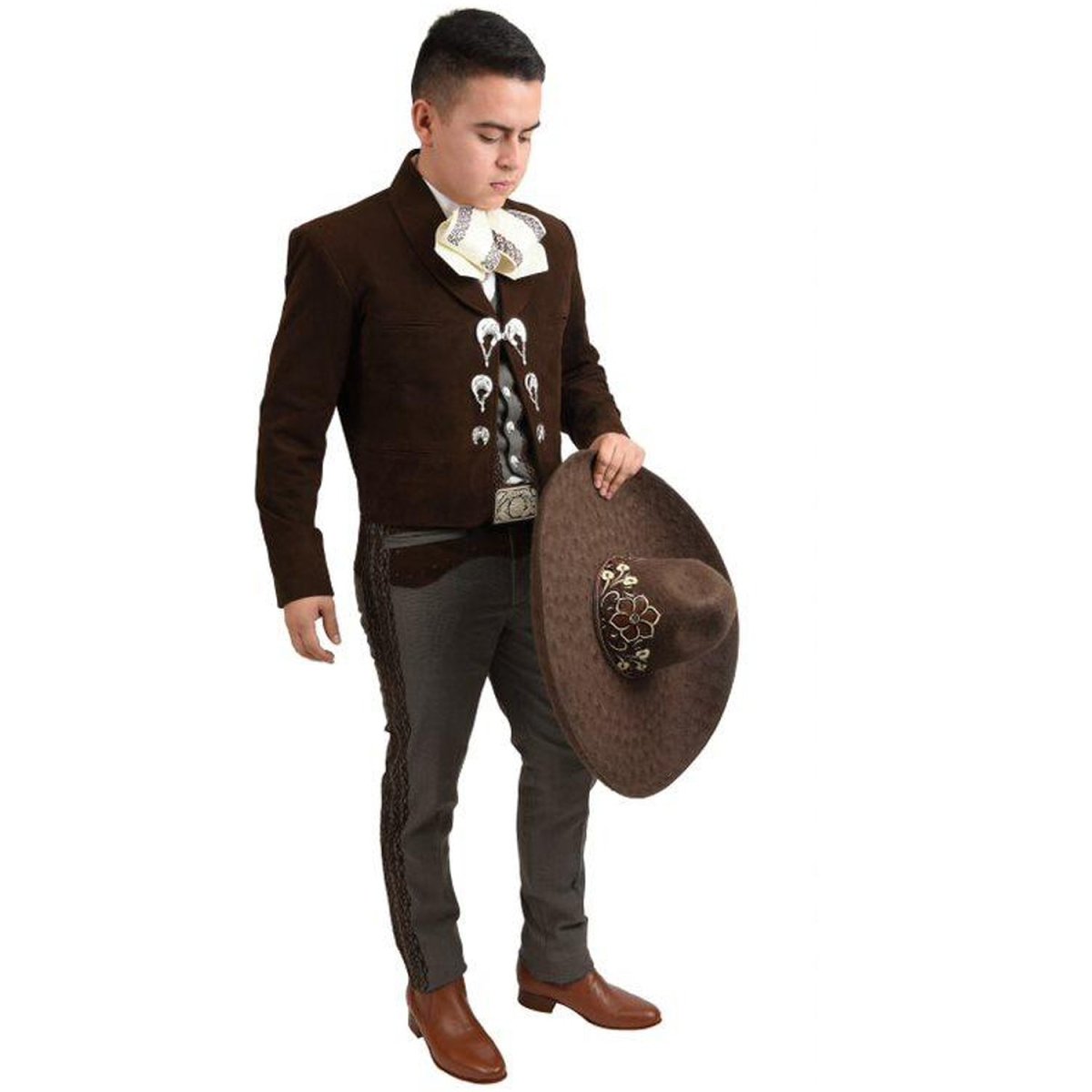 Traje Charro de Lujo Bordado Fino Hilo Metálico para Hombre Cafe WD-1037 - White Diamonds Boots