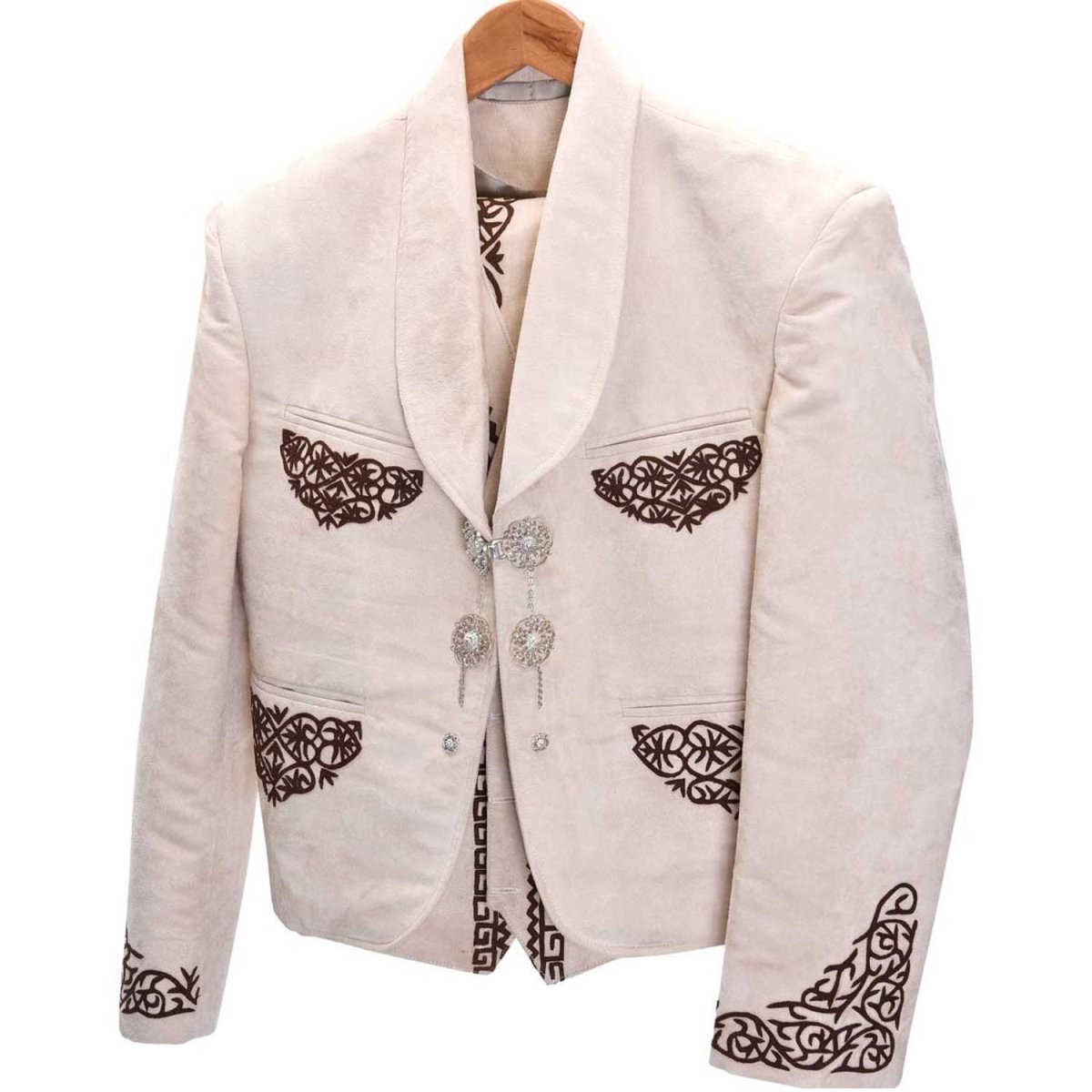 Traje de Charro de Lujo con Fino Bordado para Hombre Beige con Cafe WD-1041 - White Diamonds Boots