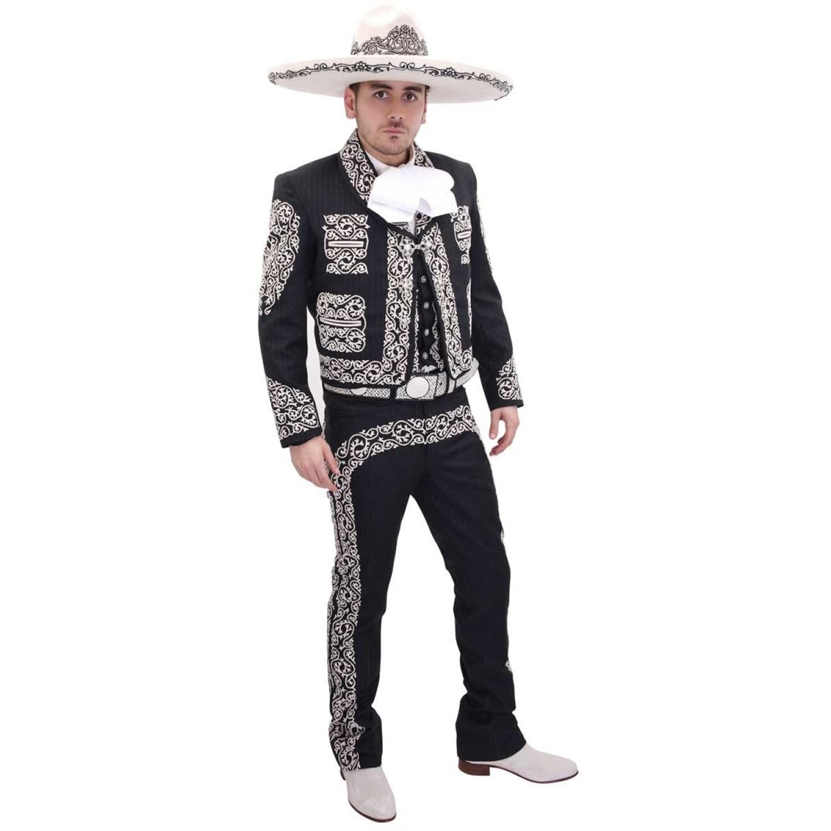 Traje de Charro de Lujo con Fino Bordado para Hombre Negro con Blanco WD-1039 - Impormexico