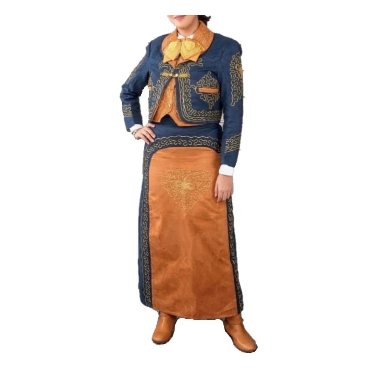 Traje de Charro para Mujer de Gamuzina (TODO INCLUIDO) Azul con Mostaza imp-76106 - Impormexico