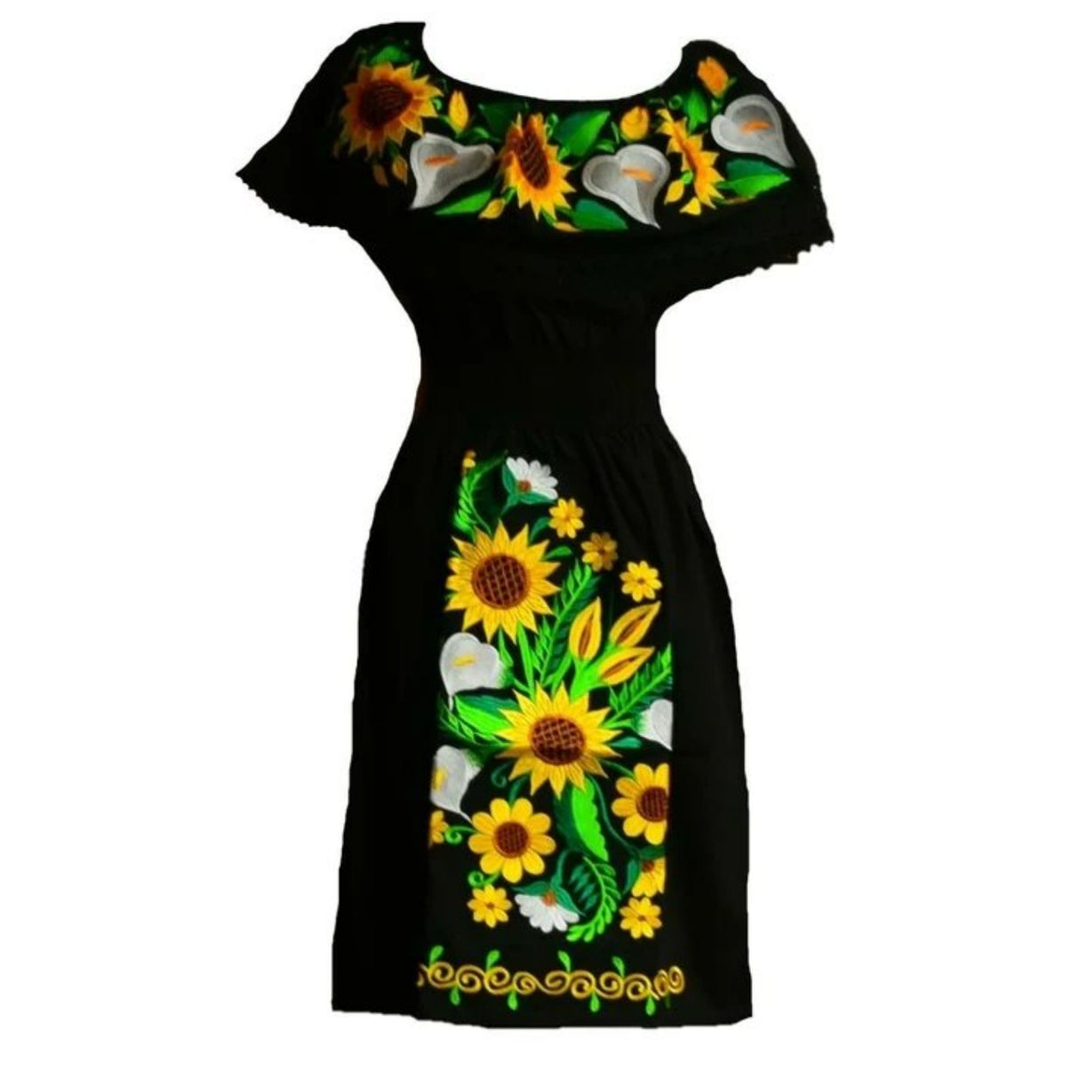 Vestido Artesanal Fino Bordado Color Negro con Girasoles para Mujer IMP-77313 - ImporMexico