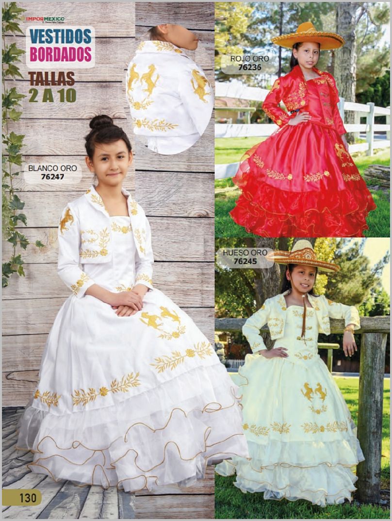 Vestido de Charro Bordado para Niña Color Hueso con Oro imp-76245 - Impormexico