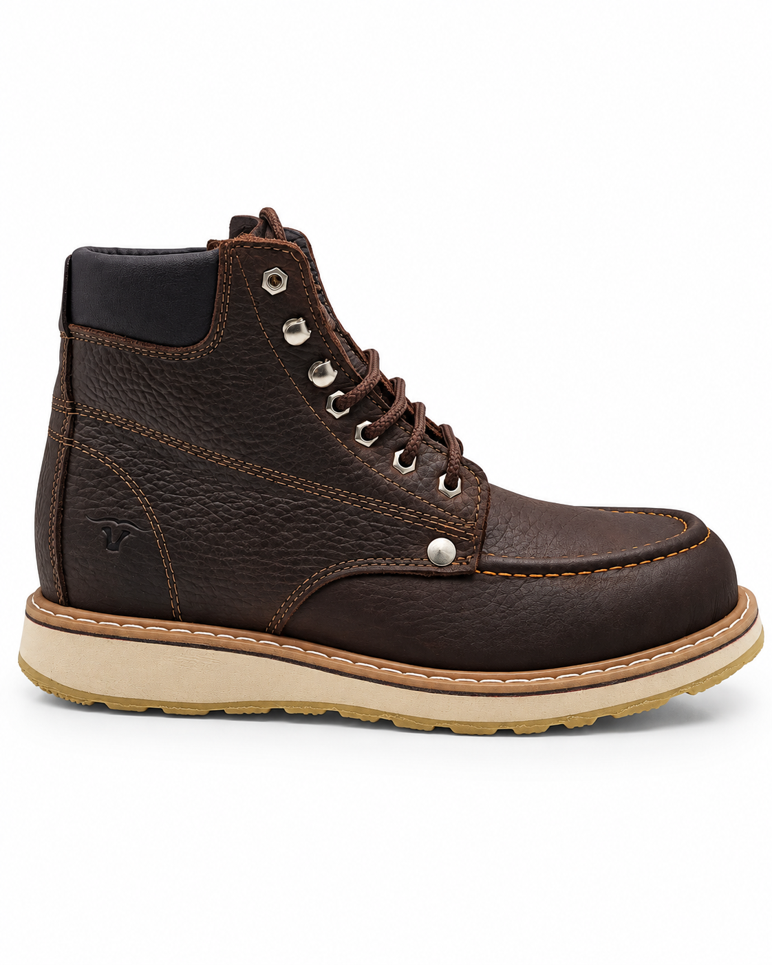 Zapato de trabajo de 6" para hombre punta moc suave de piel genuina color chocolate con suela de hule antiderrapante resistente a aceite Hooch Boots H80194 vista lateral