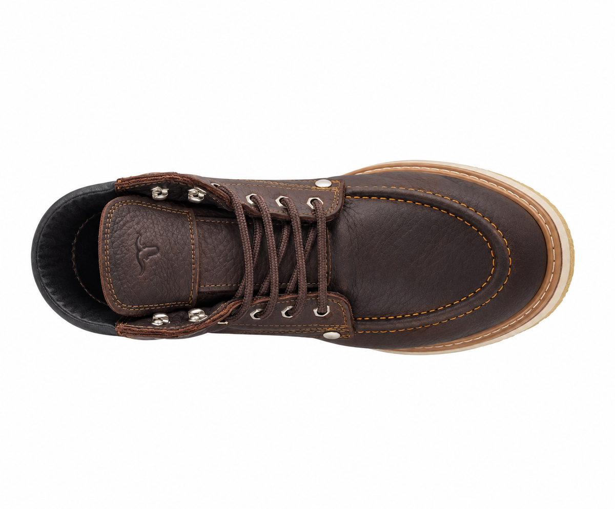 Zapato de trabajo de 6" para hombre punta moc suave de piel genuina color chocolate con suela de hule antiderrapante resistente a aceite Hooch Boots H80194 vista superior
