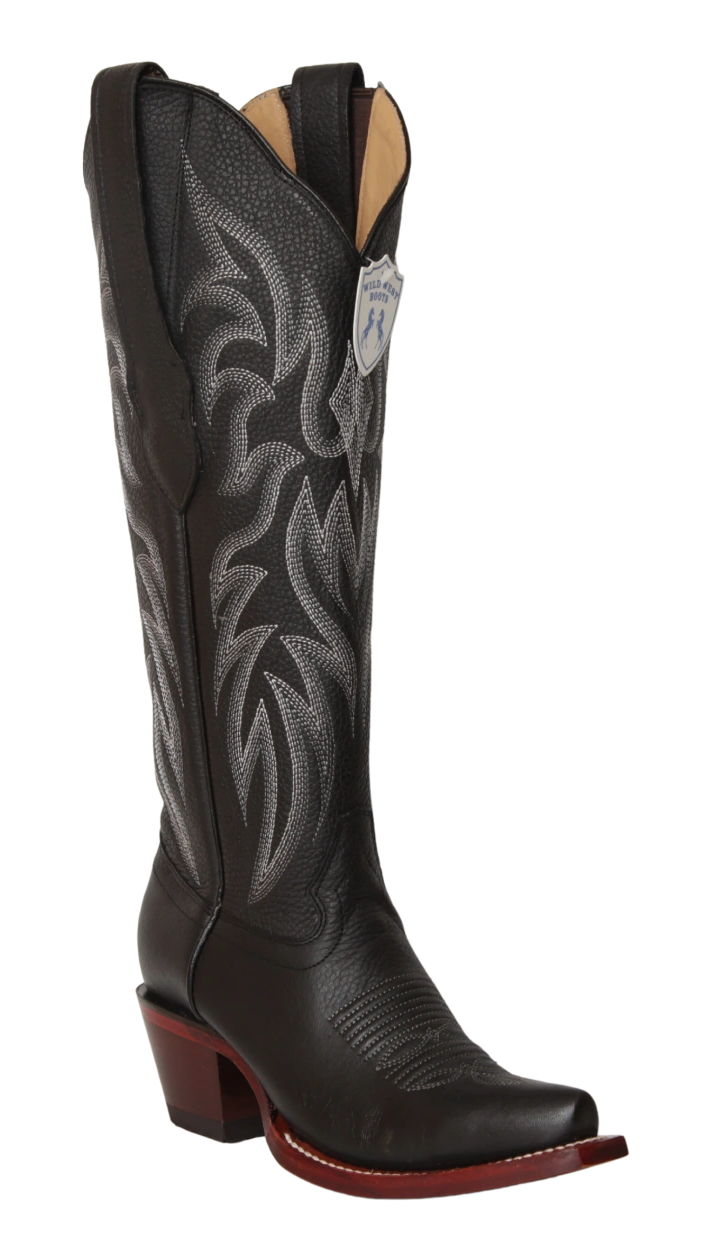 Wild West Women's Genuine Grisly Leather Snip Toe Tall Boot - Black - Side View