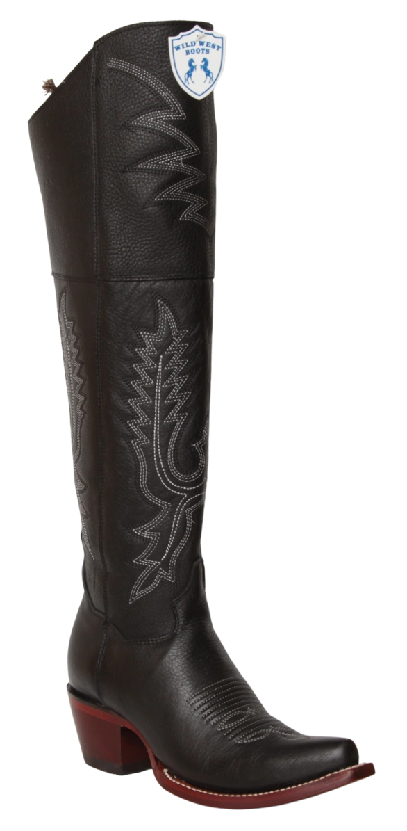 Wild West Women's Genuine Grisly Leather Snip Toe Over The Knee Boot - Black - Side View