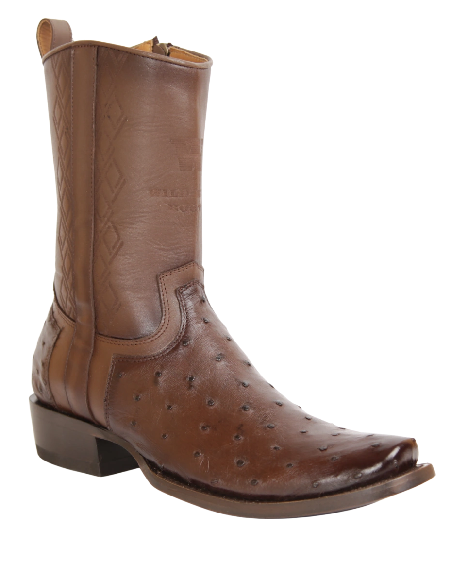 Wild West Men's Ostrich Skin Snip Toe Dubai Short Boot - Faded Brown - Side View