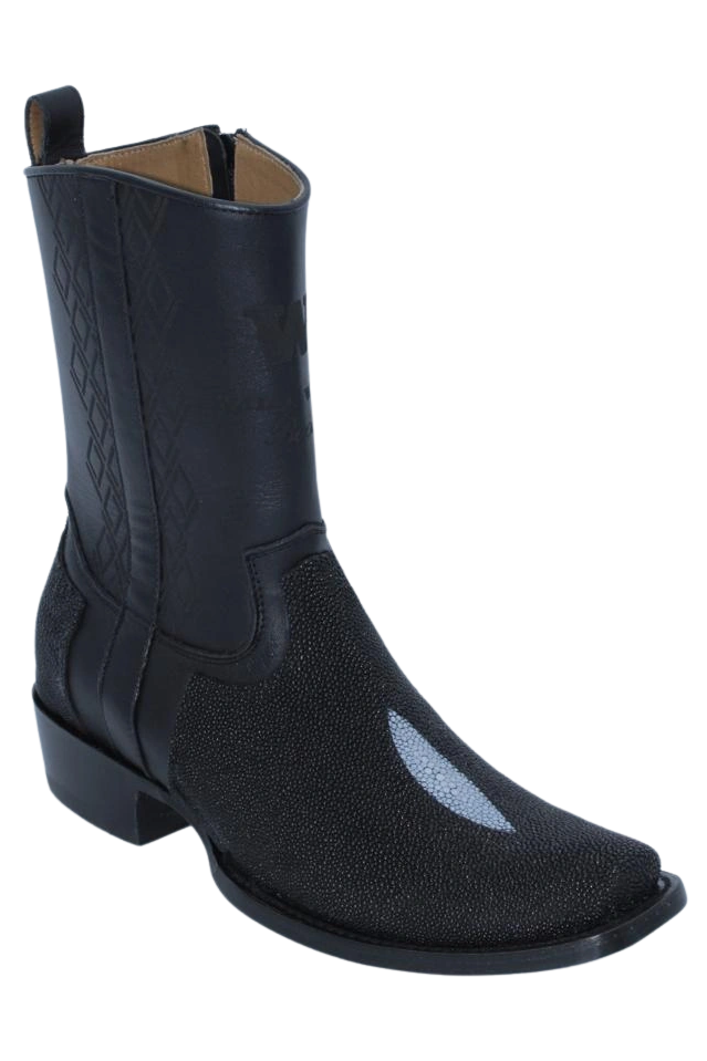 Wild West Men's Stingray Skin Snip Toe Dubai Short Boot - Black Single Stone - Side View