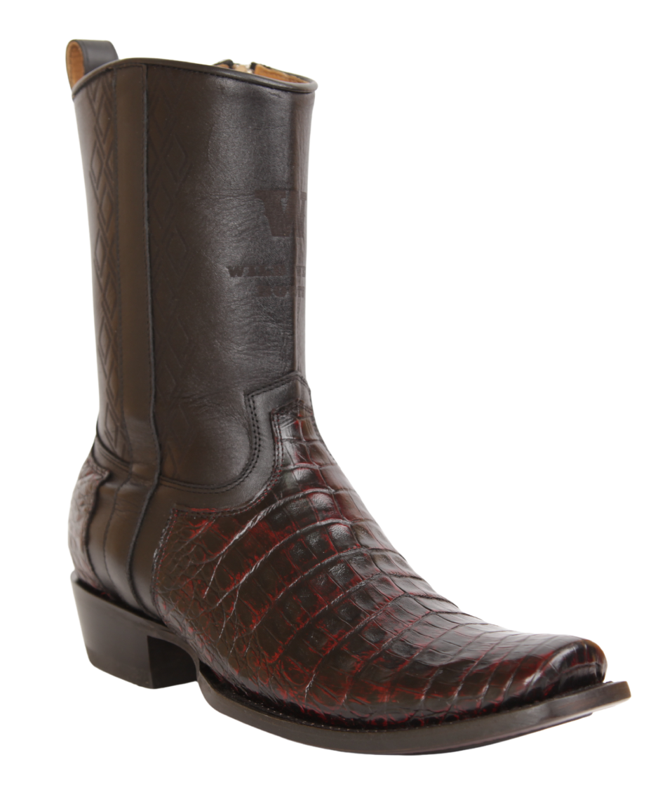 Wild West Men's Caiman Belly Skin Snip Toe Dubai Short Boot - Black Cherry - Side View